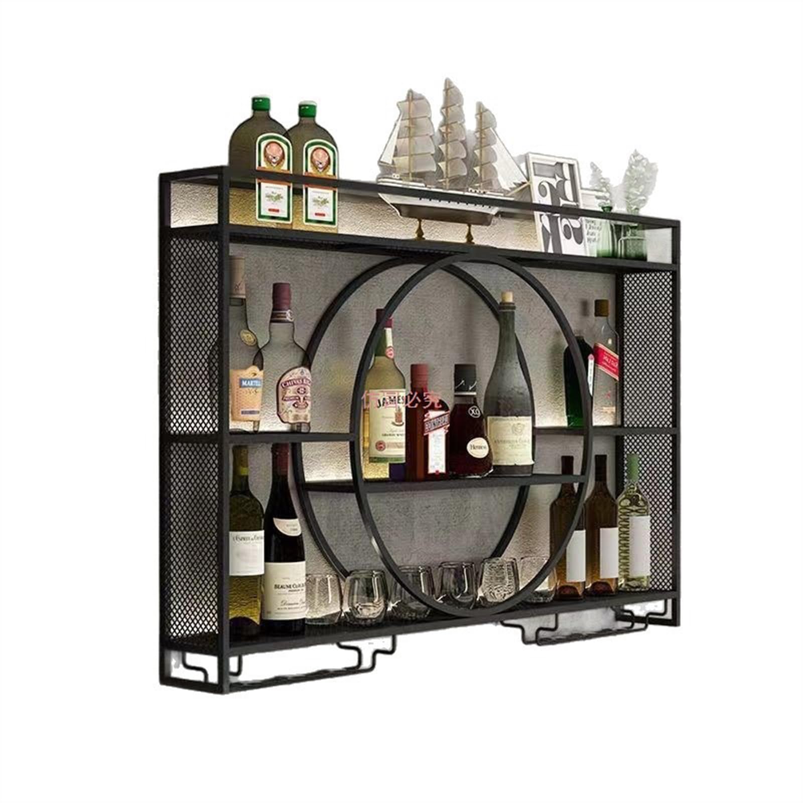 Étagère à vin murale avec porte-verres pour rangement de bouteilles noir