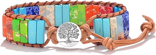 Daricano Chakra Bracelets for Women, Handmade Stone Bracelets with Leather Wrap, Friendship Bracelets Boho Bracelets Hippie Bracelets, Anxiety