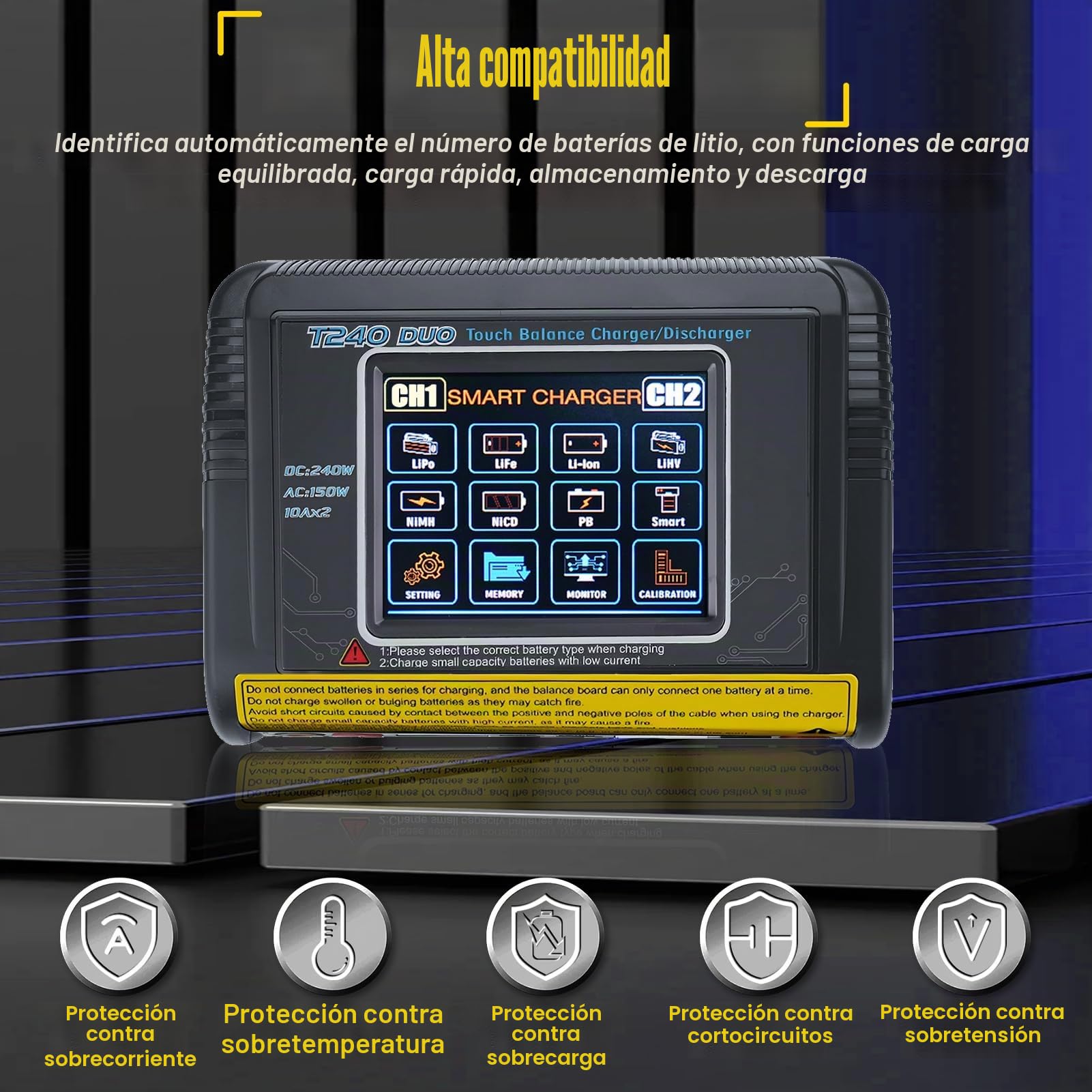 Cargador baterias Coche con equilibrador batería Cargador Dual CC/CA 11-18V 240W CA 100-240V 150W Detección Auto LiPo/Lilon/Life/NiMH/Ni/PB/NiMH Pantalla táctil LCD de 3,2 Pulgadas 10A (T240)