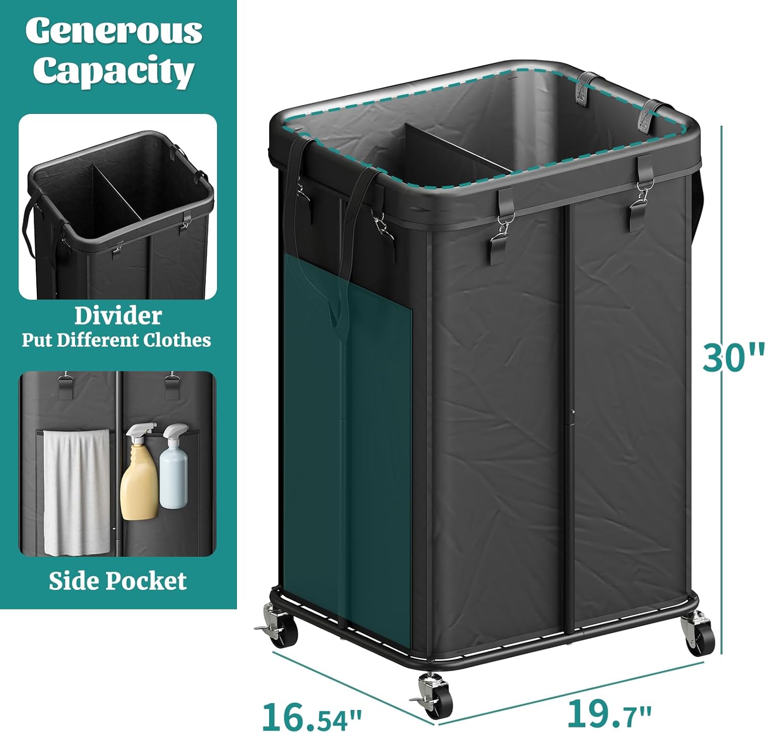 Laundry Hamper with Wheels, Rolling Laundry Basket with Metal Frame and Removable Bag, Double Laundry Hamper 2 Section, Large & Tall Dirty Clothes Hampers for Bedroom Aesthetic, Laundry Room, Bathroom