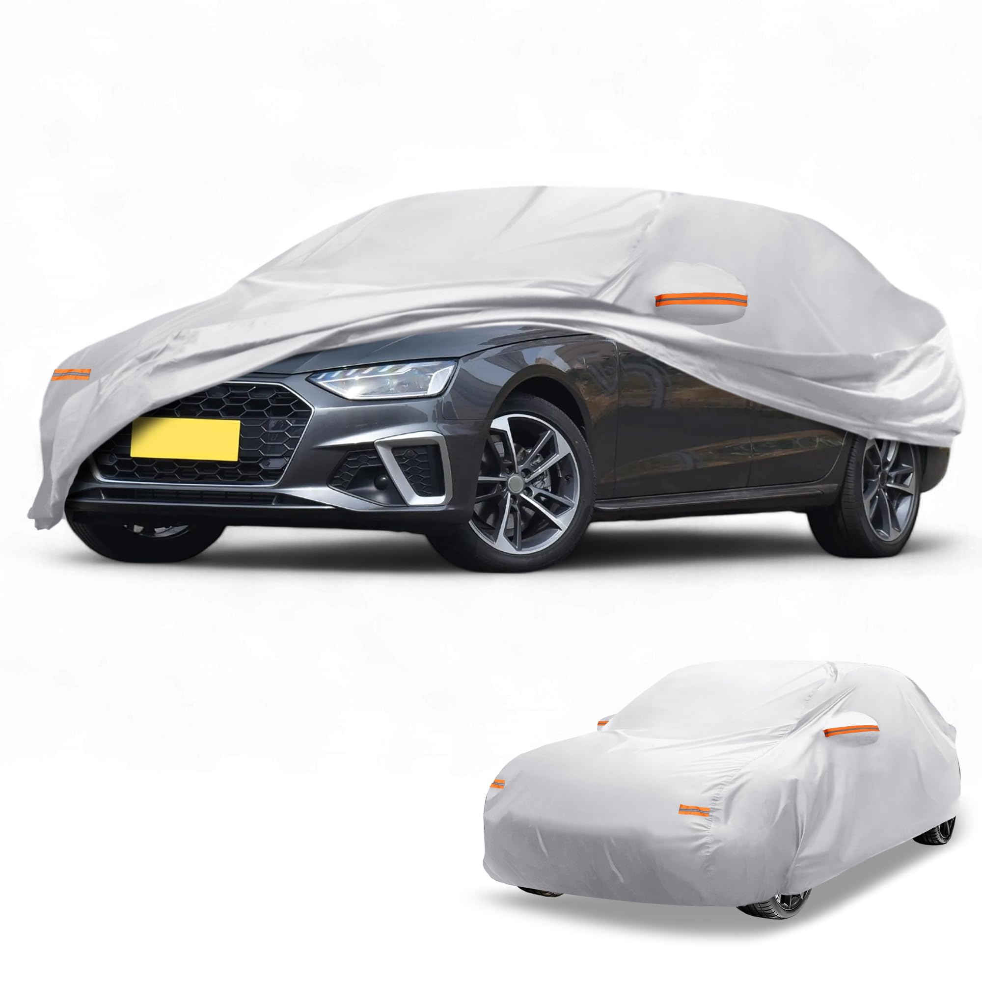 Partuto Waterproof All-Weather Universal Car Cover with Right Side Zipper 190T-PU Silver Tone Fits for Sedan 177 -