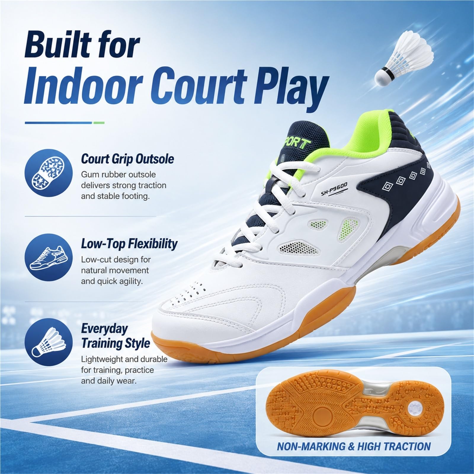 Zapatillas de Bádminton Hombre, Zapatillas Indoor Antideslizantes Transpirables con Cordones y Suela de Goma para Tenis de Mesa, Squash, Voleibol y Entrenamiento