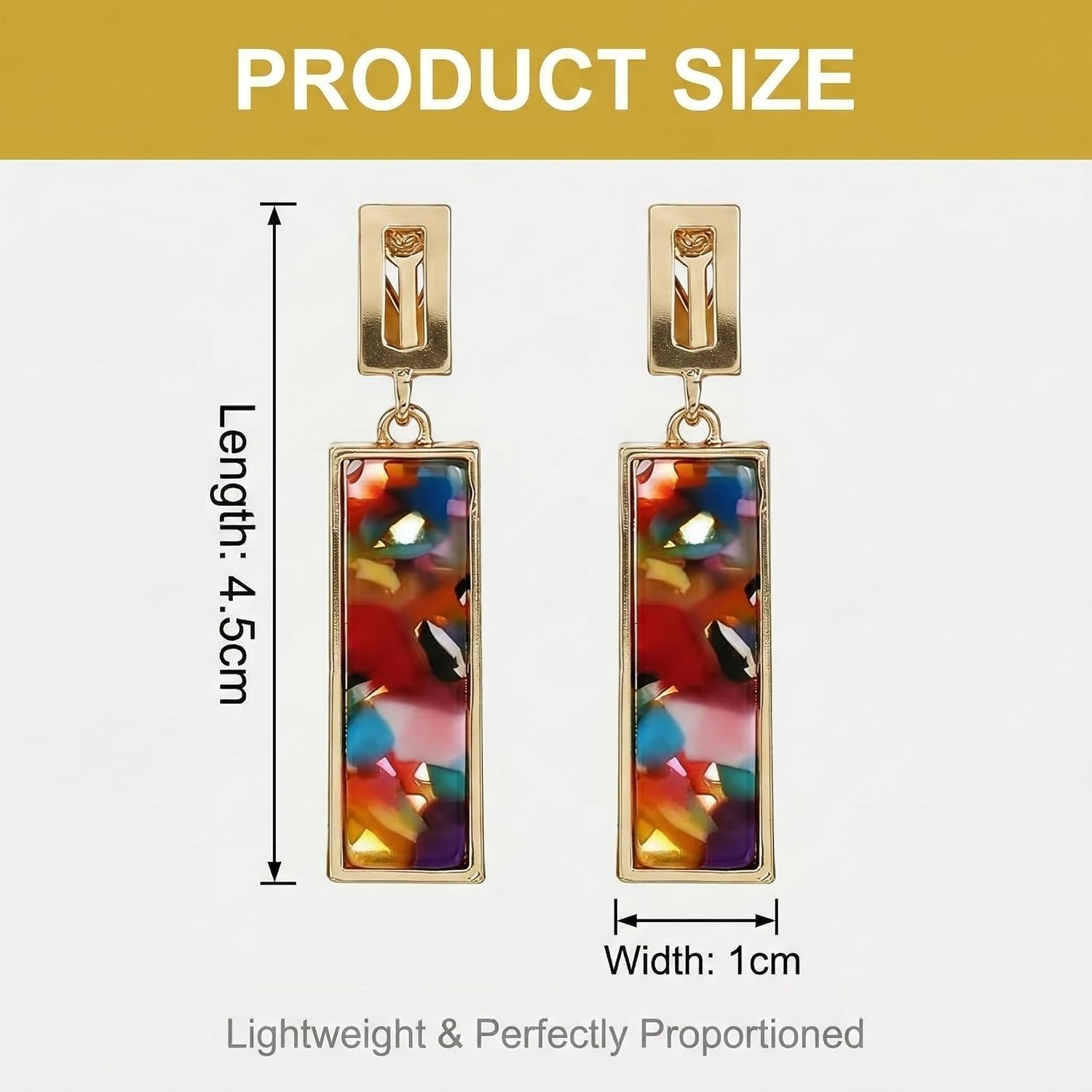 1 Pair Rectangle Geometric Clip on Earrings for Women,Gold Plated Non Pierced Ear Clips,Multicolor Dangle Drop Earring,Hypoallergenic Earrings,Lightweight Retro Art Deco Jewelry (Colorful)