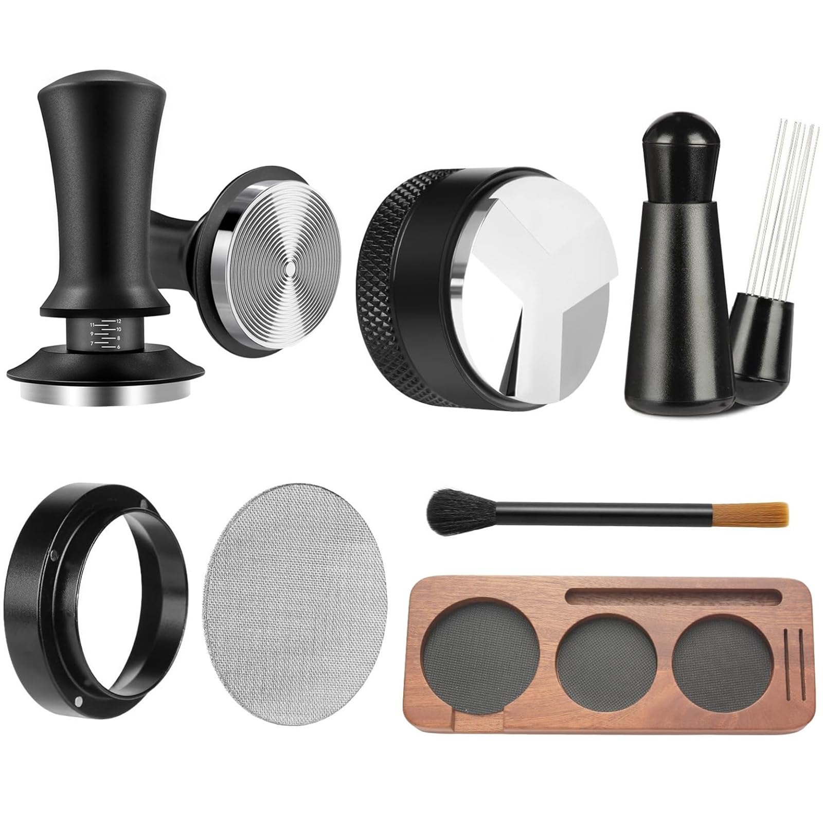 Barista Accesorios, 7 accesorios para espresso, 51 mm WDT Tool Tamper Distributor Anillo dosificador para máquinas portafiltros café Tamper Barista Set de acero inoxidable para el hogar Cafes