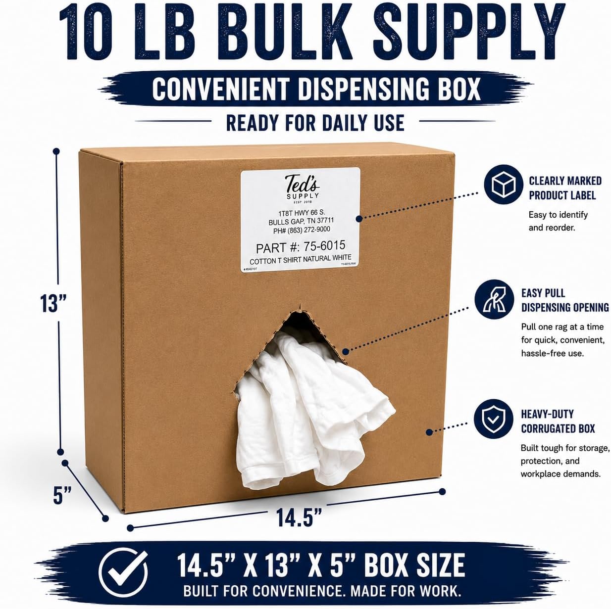 Ted's Supply White T-Shirt Rags, 10 lb Bulk Box – Recycled Knit Cotton Blend Shop Rags for Automotive, Industrial Maintenance, Oil, Grease, Paint & Equipment Cleaning