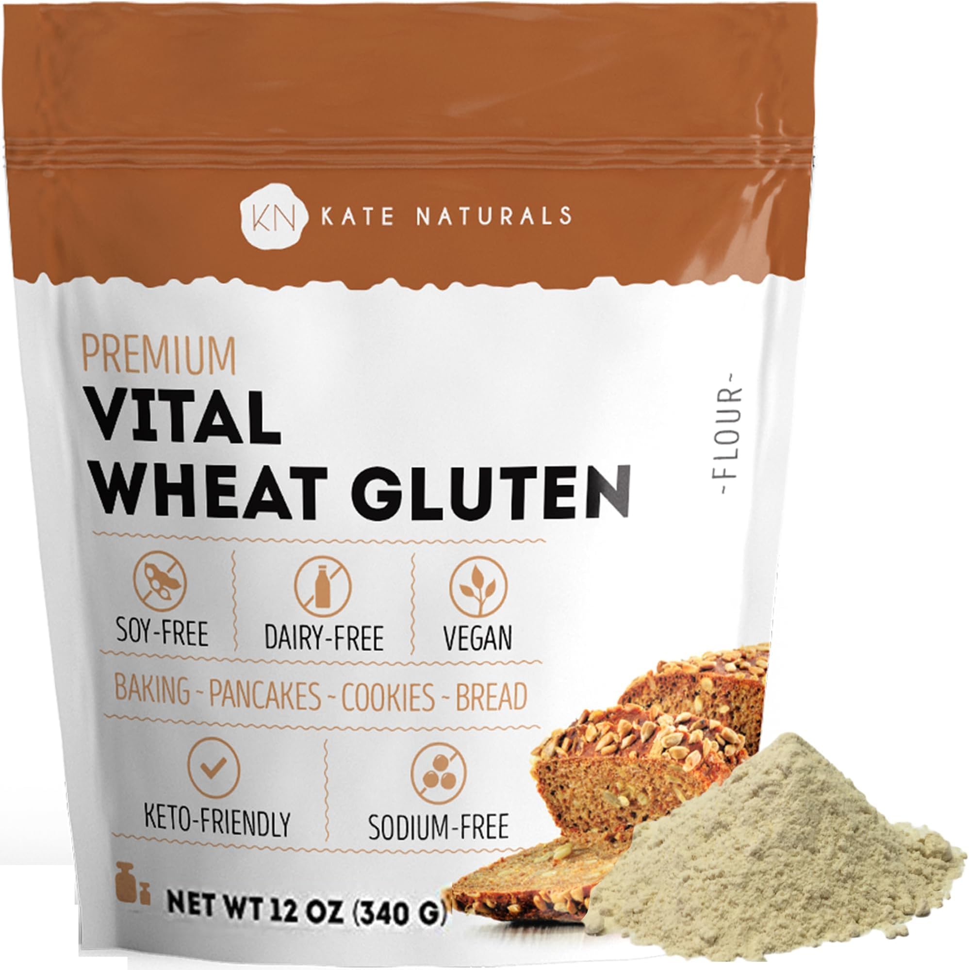 Vital Wheat Gluten for Bread Making, Baking & Seitan (12oz) - Kate Naturals. Natural Powder for Bread Machine. Non-GMO, High Protein, Low Carb Bread for Vegan & Keto