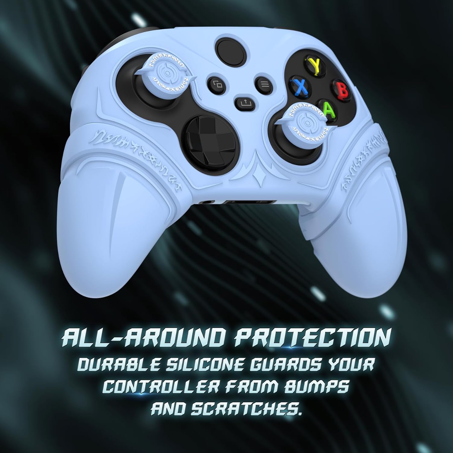 PlayVital Silicone Controller Cover for Xbox Series X/S with Thumbstick Cap & Sticker- Runes Edition Anti-Slip Grip Skin, Shockproof Protector for Xbox Core Wireless Controller(Blue)