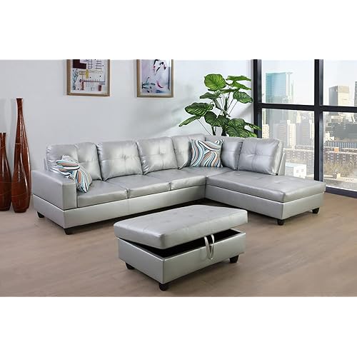 Leather Sectional Couch for Living Room Set,Sectional Sofa L Shape Couch with Storage Ottoman/Silver White Faux Leather/Facing Right Chaise