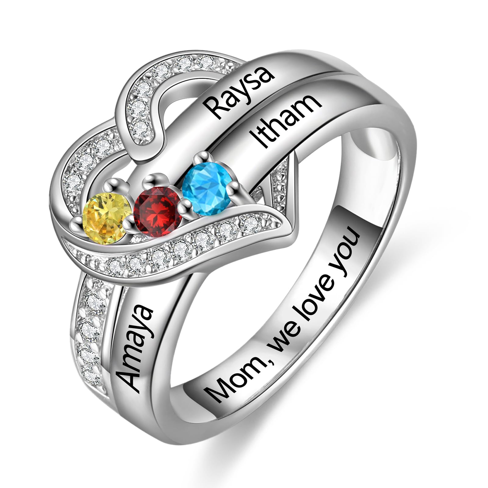 JewelOra Personalized Sterling Silver Mother Rings with 1-8 Names Birthstone Rings
