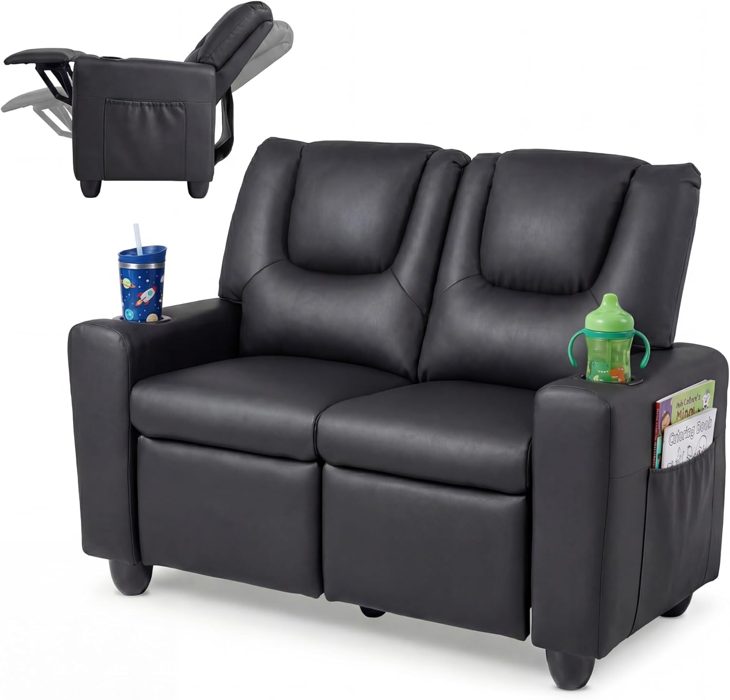 HONEY JOY 2-Seater Kids Recliner, Double Toddler Loveseat Sofa w/2 Cup Holders, 2 Side Pockets, Adjustable Backrest & Footrest, PU Leather Children Couch for Boys Girls Age 3+ (Black)
