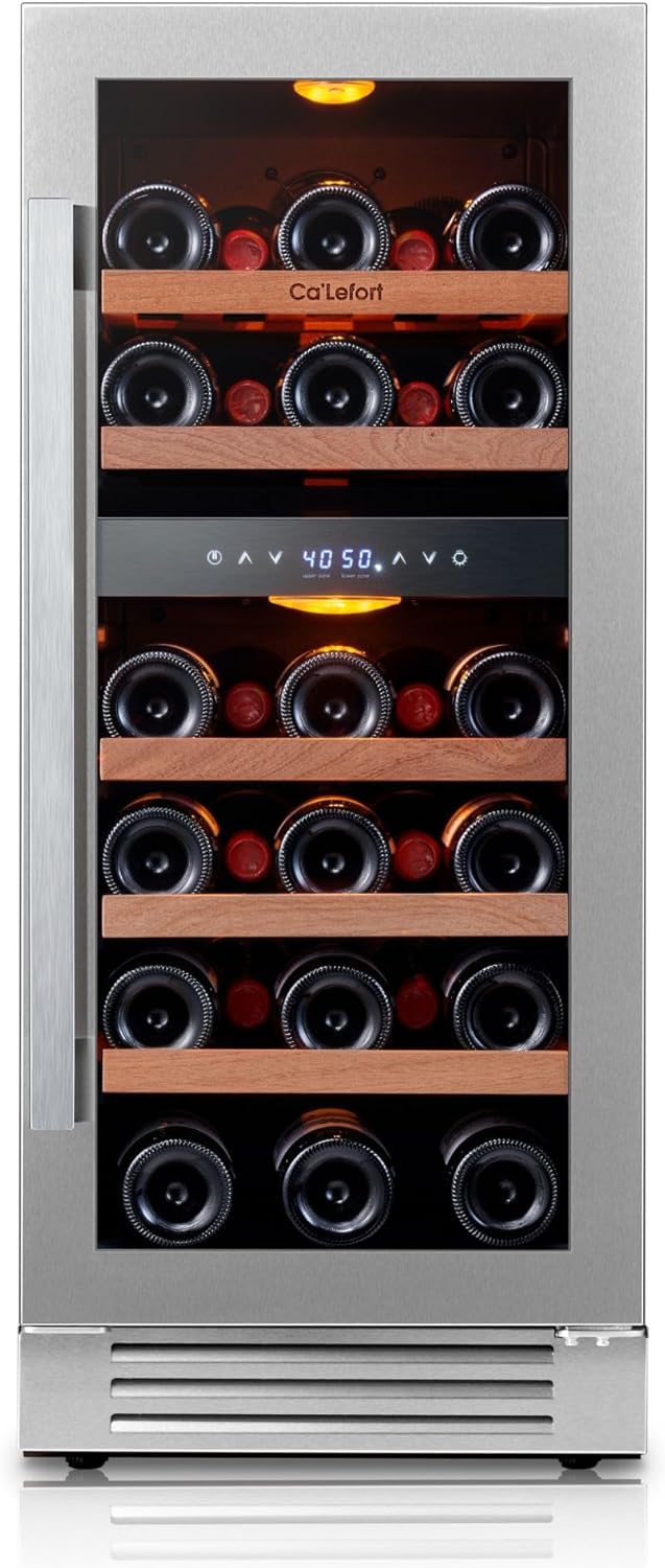 Ca'Lefort 15 Inch Wine Fridge, 28 Bottle Dual Zone 40-65°F Temp Wine Cooler Refrigerator, Adjustable Shelves and 3 Color LED, Under Counter Built-in or Freestanding for Home Bar Kitchen
