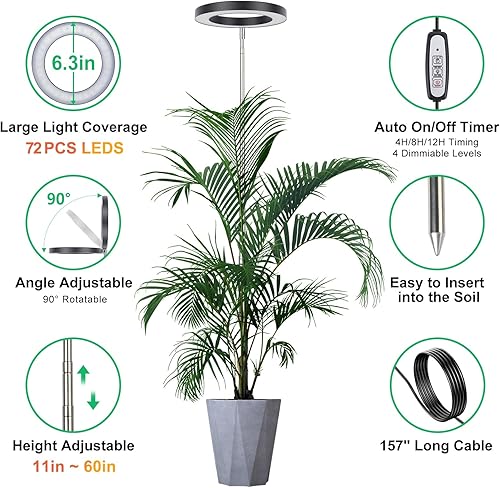 Miniatura 4 de LORDEM Luz de cultivo de plantas, luz de espectro completo para plantas de interior, lámpara LED de crecimiento ajustable de brillo con temporizador