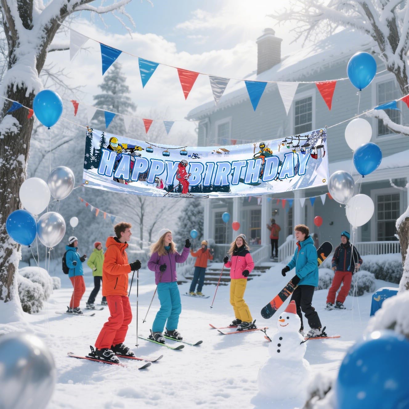Skiing Happy Birthday Banner Skiing Party Yard Sign Decorations Skiing Yard Banner for Winter Sports Themed Birthday Party Supplies Snow Skier Themed Party Backdrop Photo Booth