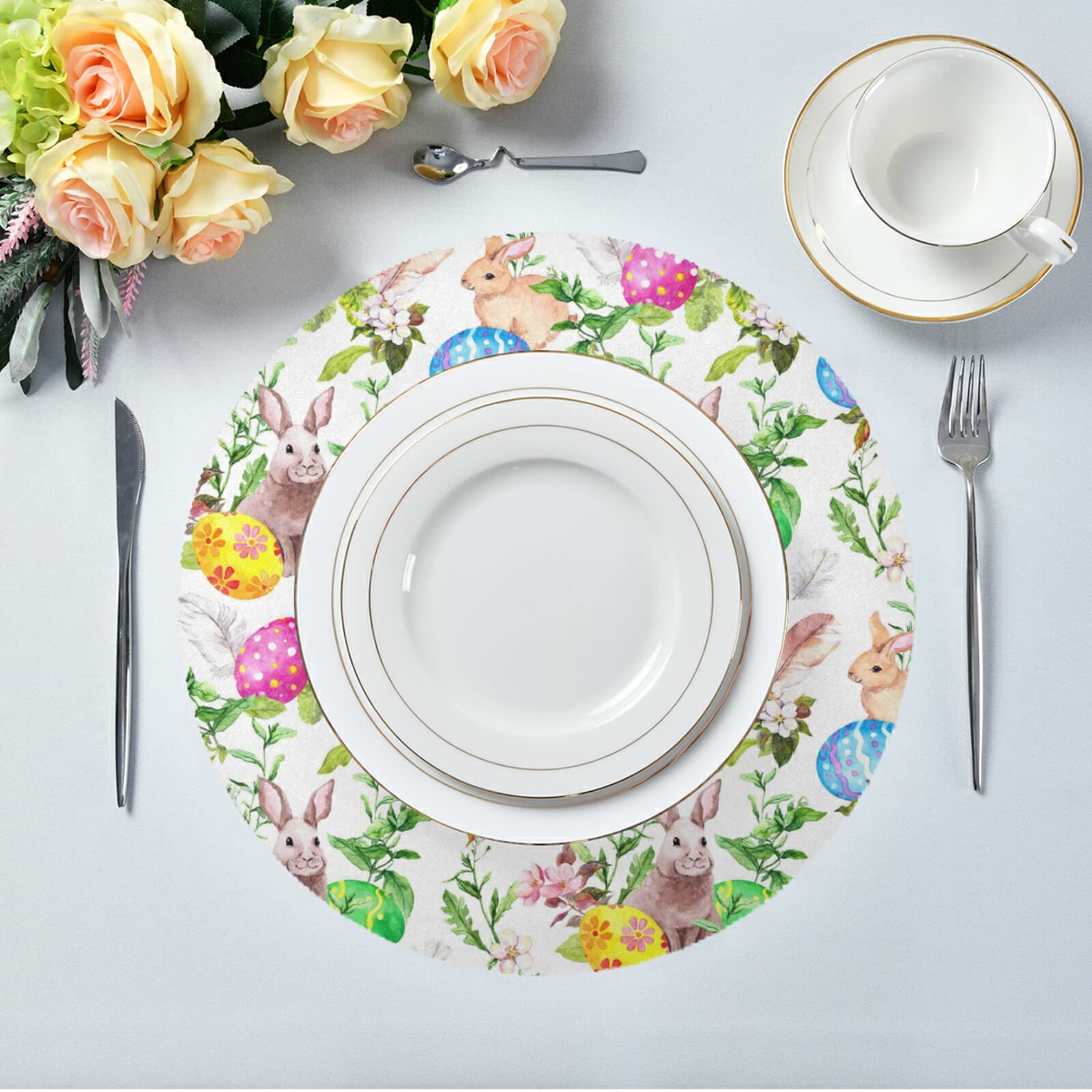 Set di 4 tovagliette lavabili per la primavera e la Pasqua – Tovagliette con coniglietti pasquali e uova di Pasqua come sottobicchiere in 43 cm