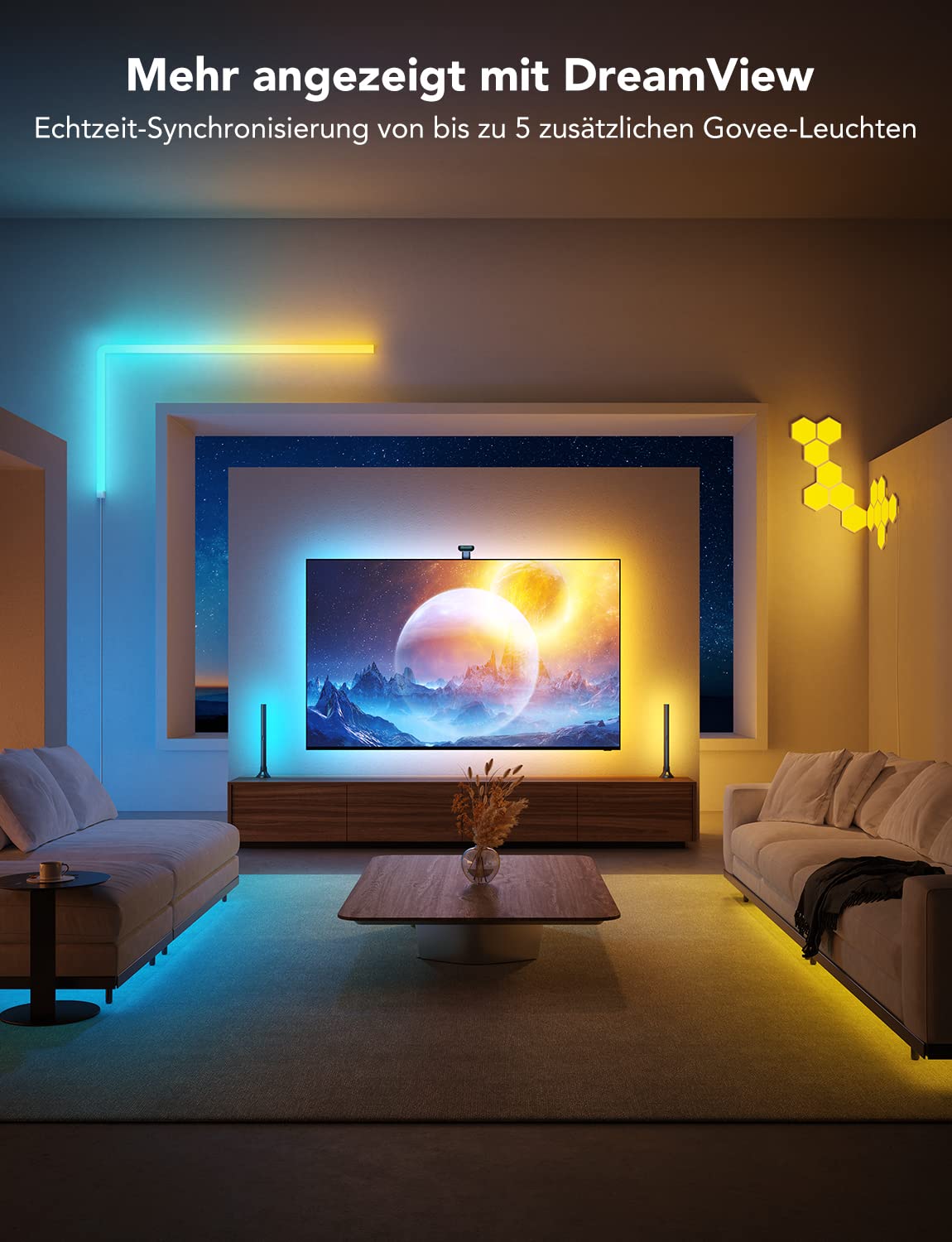 Govee Envisual TV Hintergrundbeleuchtung T2 mit Dual-Kamera für 75-85 Zoll | für 75-85 Zoll Fernseher und PC, RGBIC WiFi LED Strip kompatibel mit Alexa und Google Assistant doppelte Lichtperlen, für Dek
