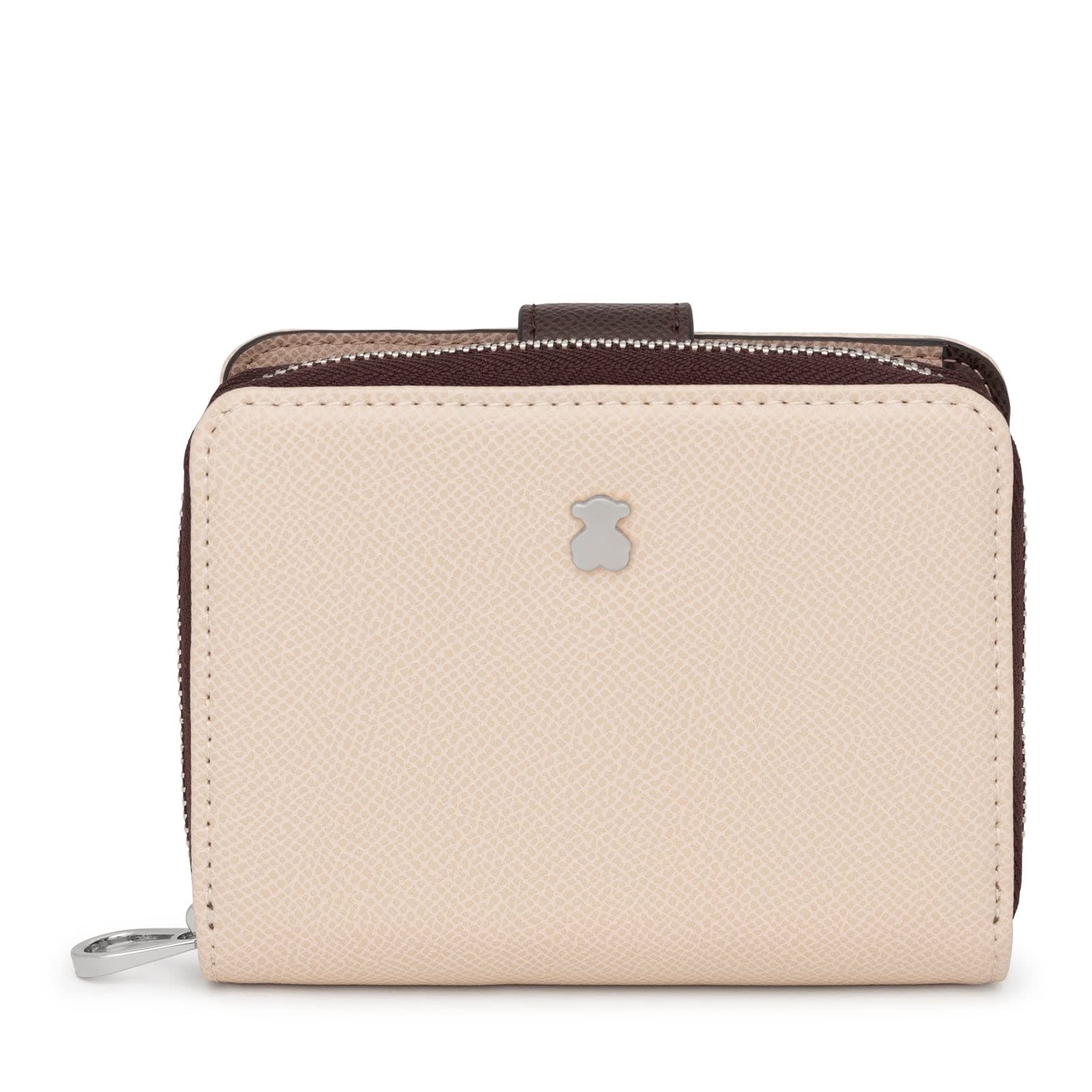 TOUS Cartera de Poliuretano con Efecto Saffiano en Marrón y Beige, Cierre Presión y Cremallera, Medidas 12 x 10 x 3 cm, Bonito y Chic, Colección Dubai