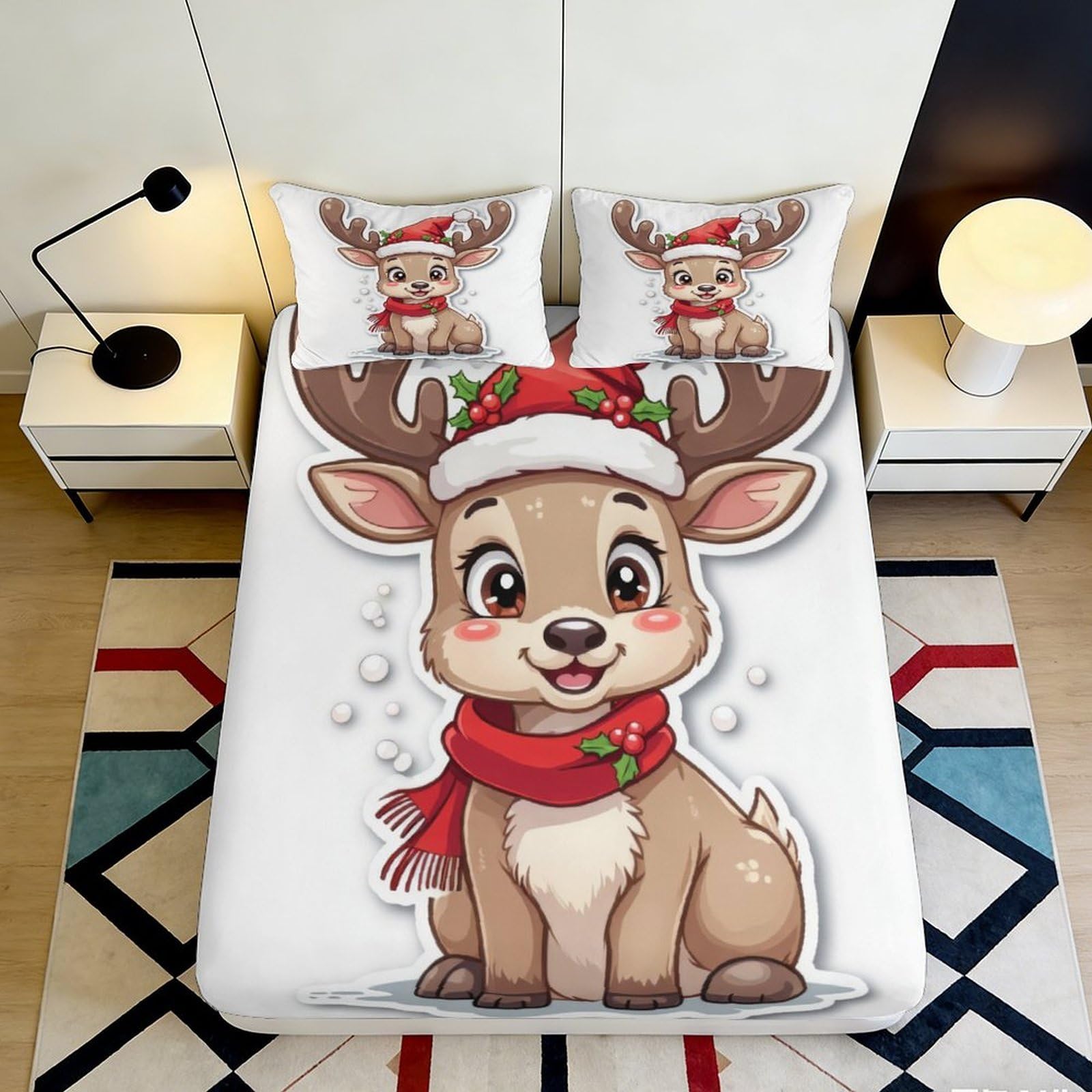 Decorative Christmas Reindeer Fitted Sheet 3D Printed Soft Touch Microfiber Bed Cover for Bedroom Guest Room Bedding, Easy Care, Stylish Accent 160x200x25cm