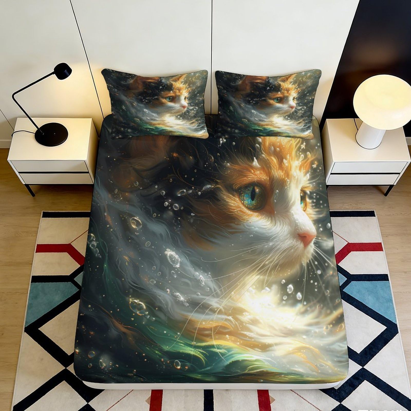 3D Printed Fantasy Cat Fitted Sheet Microfiber Soft Breathable Magical Cat Mattress Cover for Bedroom Dormitory Guest Room Protection and Decoration 180x200x25cm