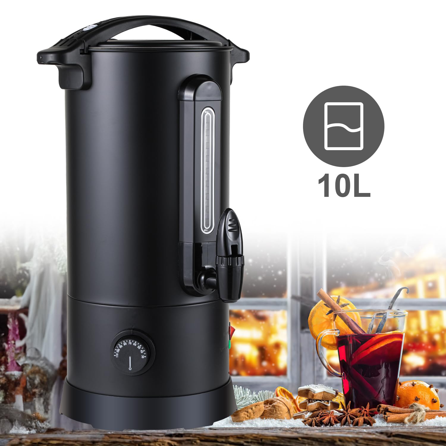 Gimisgu Glühweinkocher 10L Edelstahl Heißgetränkespender mit Thermostat Schwarz