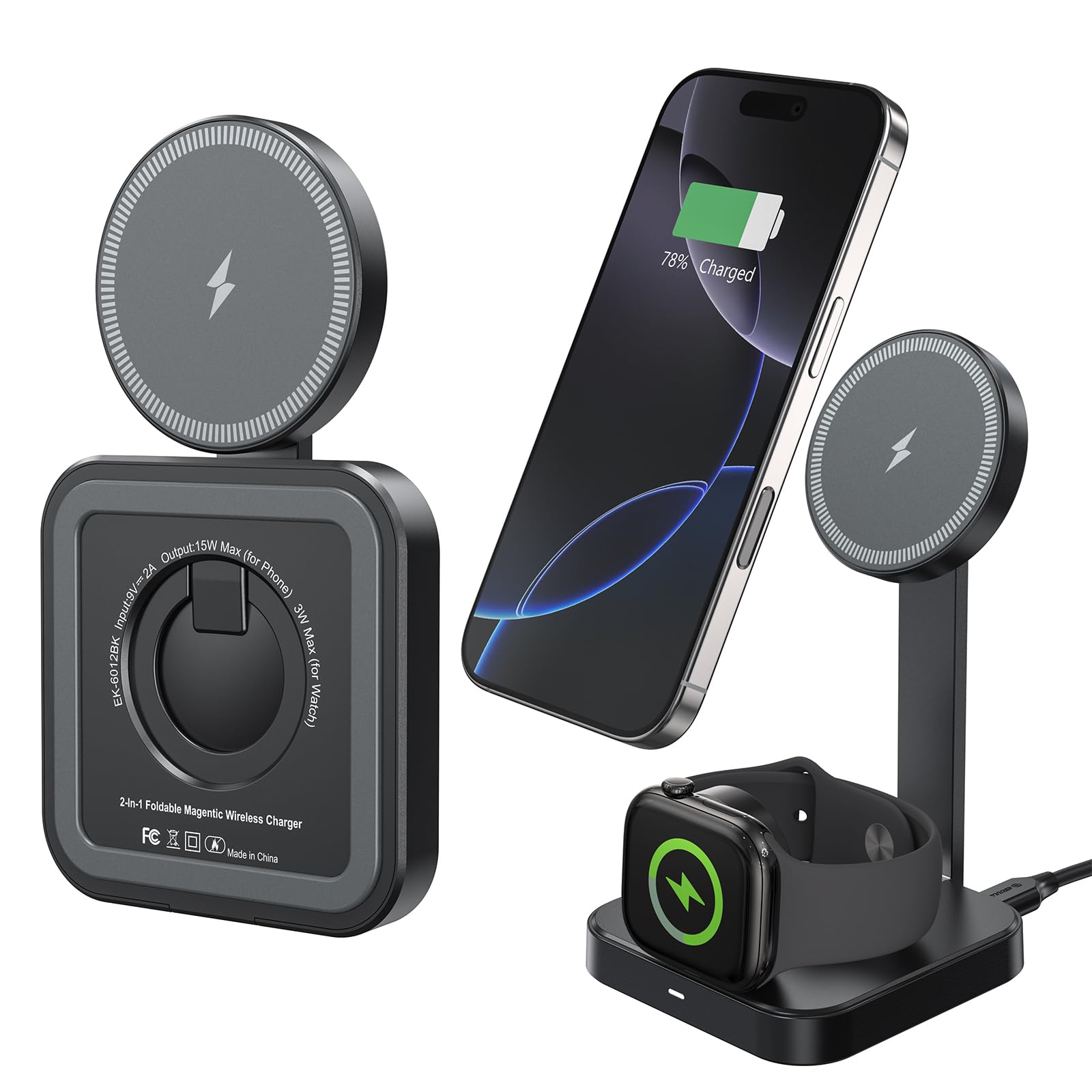 Caricabatterie wireless 2 in 1 da 15 W, stazione di ricarica rapida magnetica pieghevole per iPhone, Apple Watch e Smart Watch