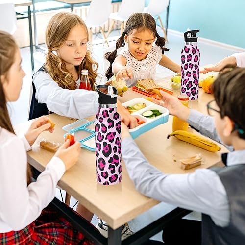Miniatura 6 de Kids Water Bottle Leakproof Sports Water Bottle for Boys Girls 20oz, BPA-Free, Leopard Print Pink Black