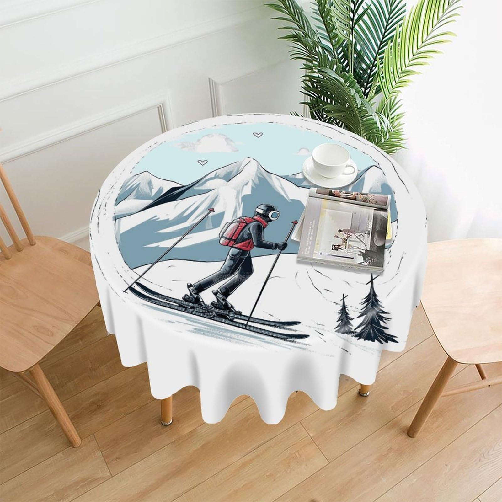 FekiLoot Skiing Theme Round Tablecloth Cover 60 Inch Wrinkle Free Washable Polyester Fabric Table Cover Decorative Round Table Cloth for Home Dining Kitchen Party Farmhouse