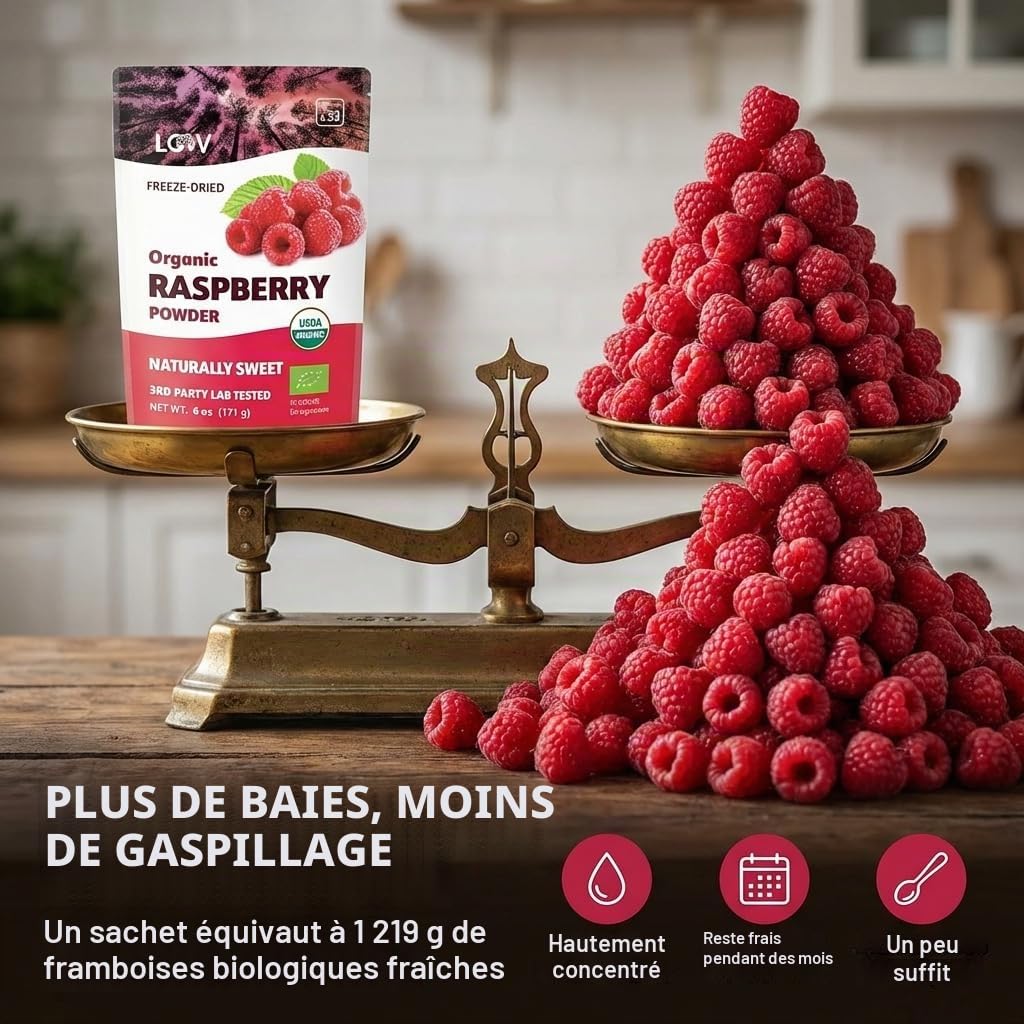 Poudre de framboise bio LOOV, produite à 100% de framboises entières, Framboises lyophilisées et réduites en poudre, 170 g, crue, produite en Europe, portions pour 24 jours, aucun sucre ajouté