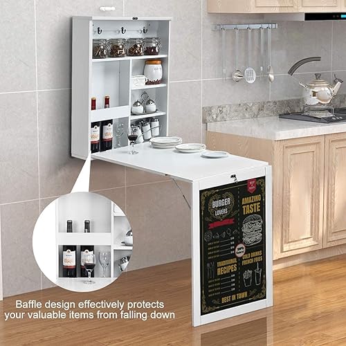 Miniatura 8 de GRAFFY - Escritorio plegable para montar en la pared, escritorio flotante con pizarra, mesa multifunción para montar en la pared con estantes de