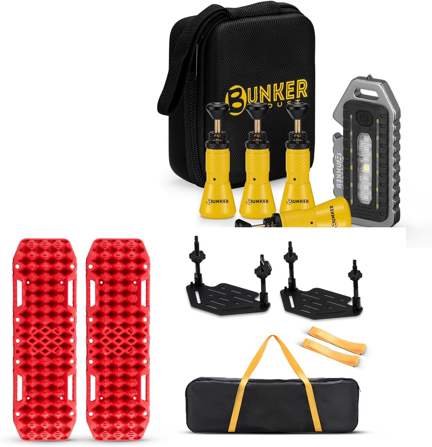 BUNKER INDUST Gen 7th Traction Boards with Mounting Kit (Red) + 4 PCS Tire Air Down Valve(10-30 PSI) / 1 PCS Multifunctional LED Light Features Safety Whistle and Bottle Opener/Carrying Case