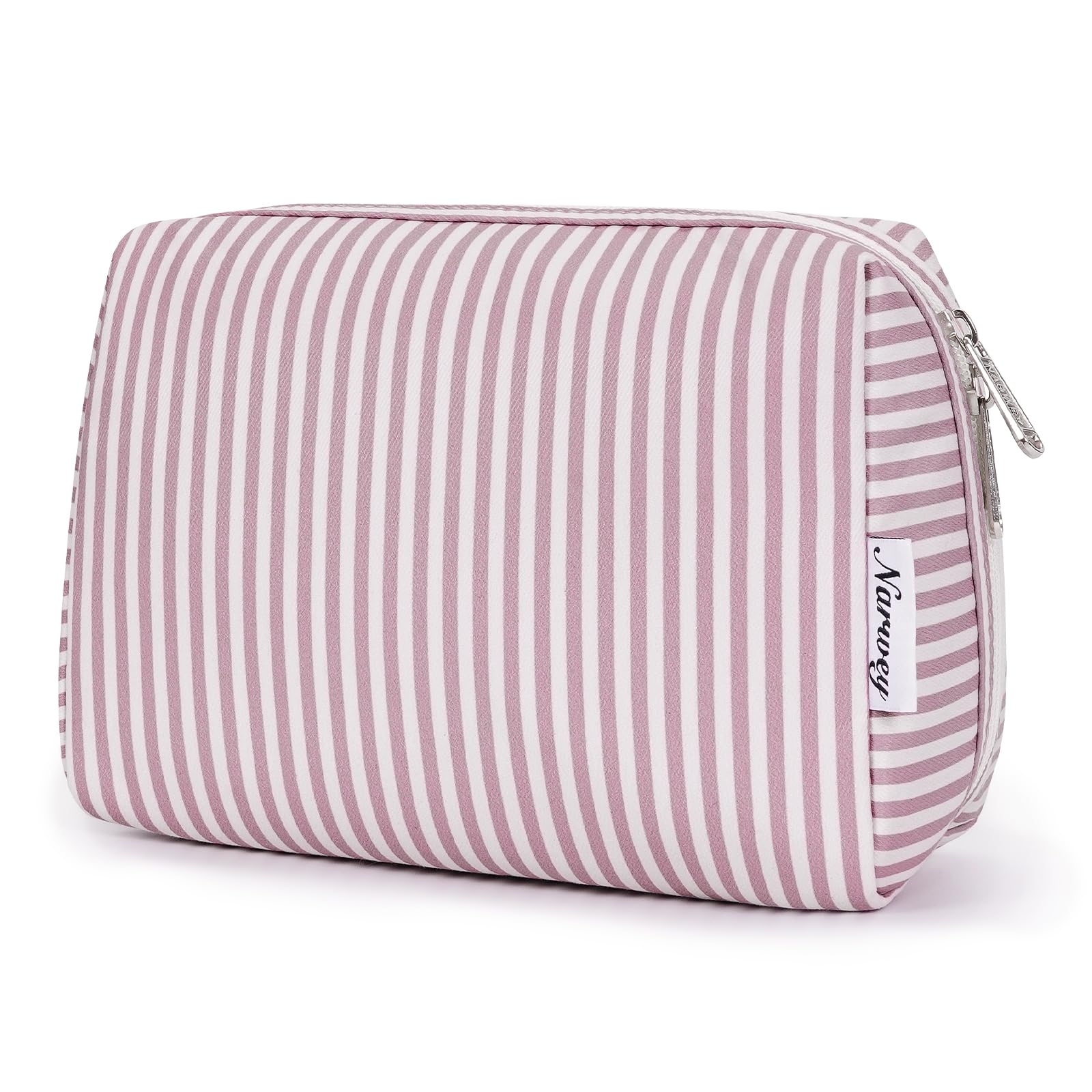 Narwey Striped Makeup Bag Travel Cosmetic Bag Organizer Toiletry Bag Make Up Bags with Compartments for Women Girls (Large, Dusty Rose Stripe)