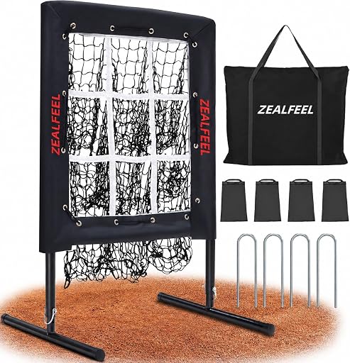 ZEALFEEL Baseball Pitching Net, 9 Hole Pitching Target Net with Strike Zone, 5 Height Adjustable Throwing Trainer, Heavy Duty Baseball Softball Net with Carry Bag for Solo Practice