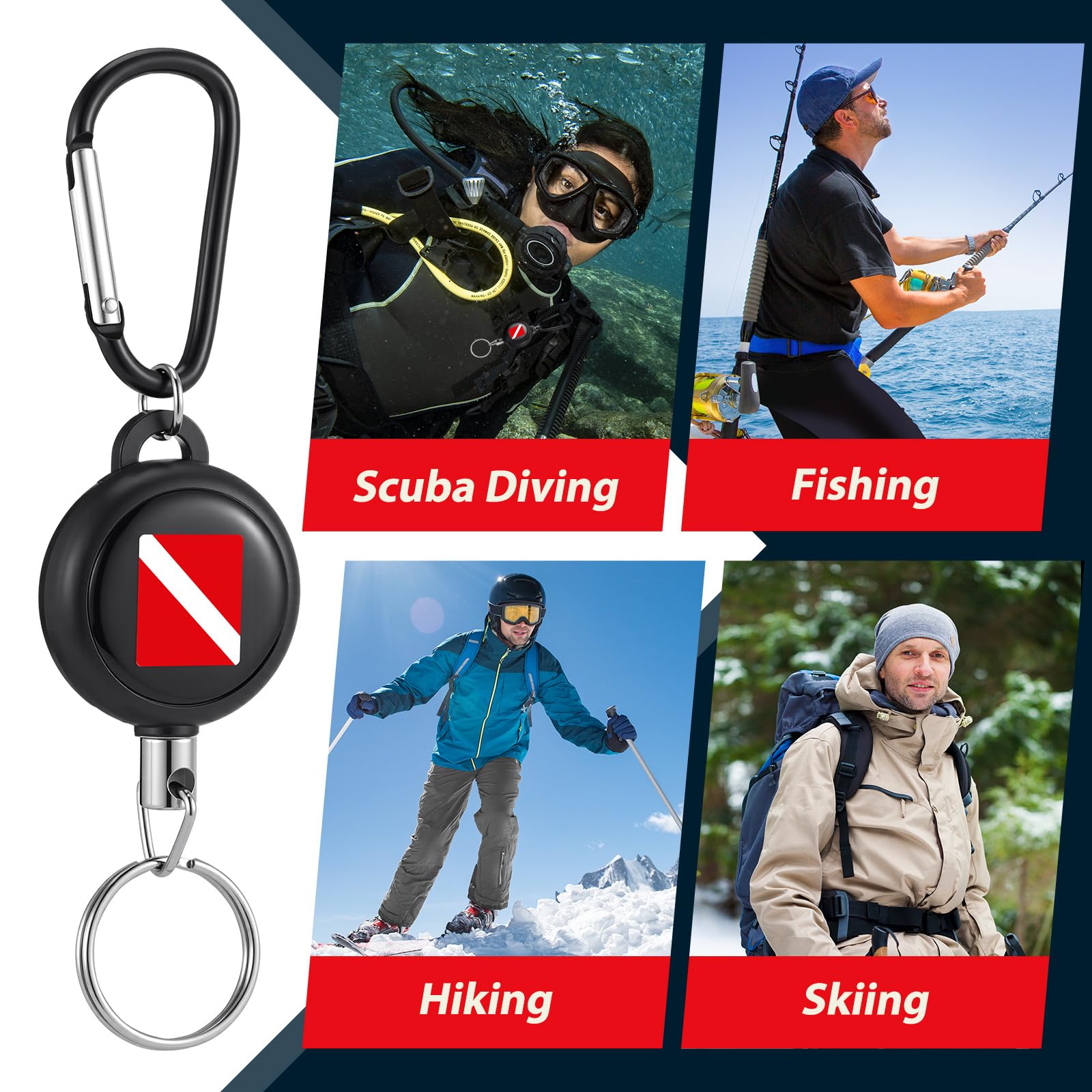 Liliaafar 12 clips retráctiles para equipo de buceo, llavero de acero inoxidable resistente con cable de extensión de liberación rápida de 61 cm para medidores de buceo, pesca submarina, linternas de