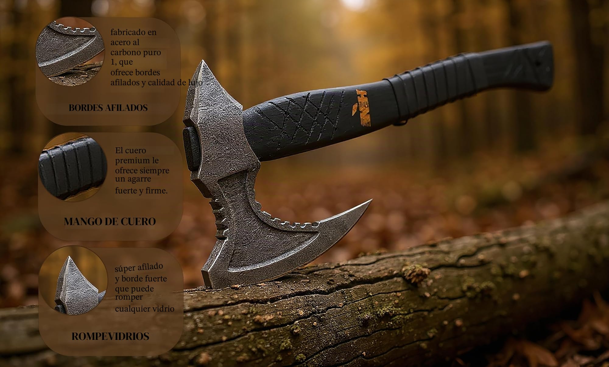 NovaHaven Hacha decorativa hecha a mano – Cuchilla de acero al carbono con mango de arce – Varios diseños de cuchillos con mango de cuero – Incluye funda protectora – 4 variantes (Cuchillo geométrico)