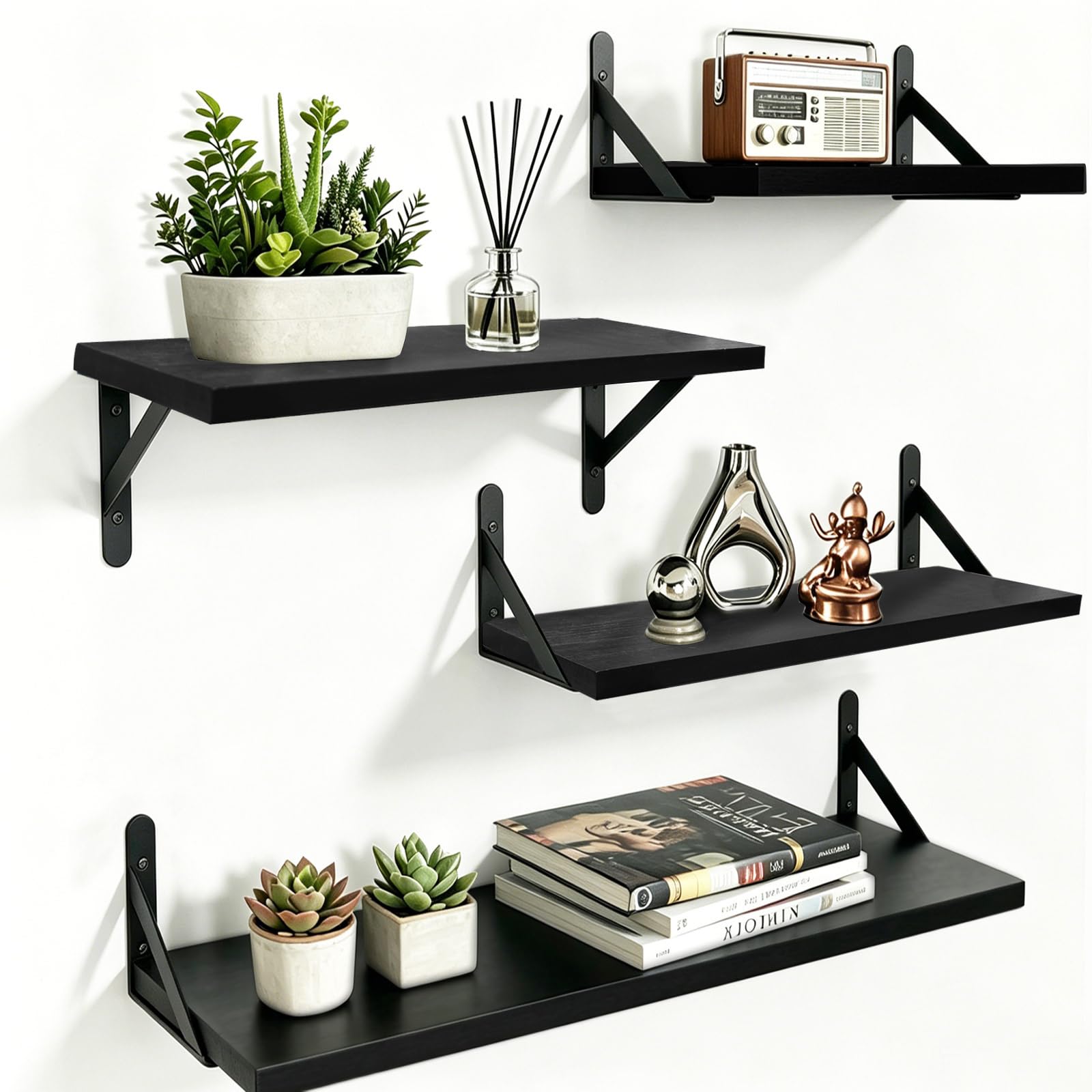TempFoo Black Floating Shelves for Wall Mounted Shelf, Kitchen Bedroom 4 Wooden Rustic Shelfs for Walls, Long Wood Shelving Display Book Picture Small Trinket, Room Living Room Office Bathroom DΓ©cor