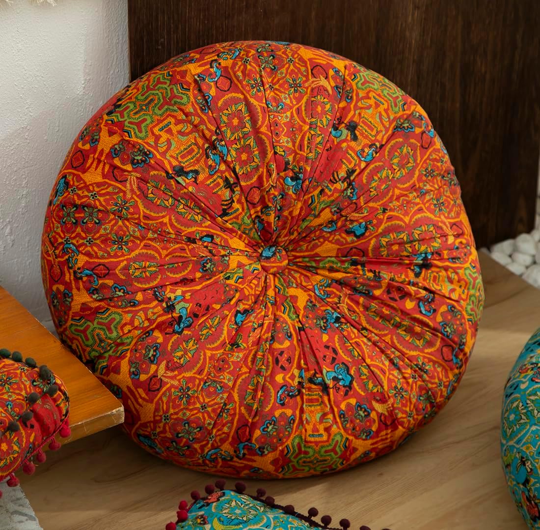 Cotton Linen Morocco Floor Cushions, Meditation Pillow, Futon Tatami Mats, Large Round Cushions for Outdoor Fireplace Yoga Living Room Reading Nook (OrangeB,22''x22'')