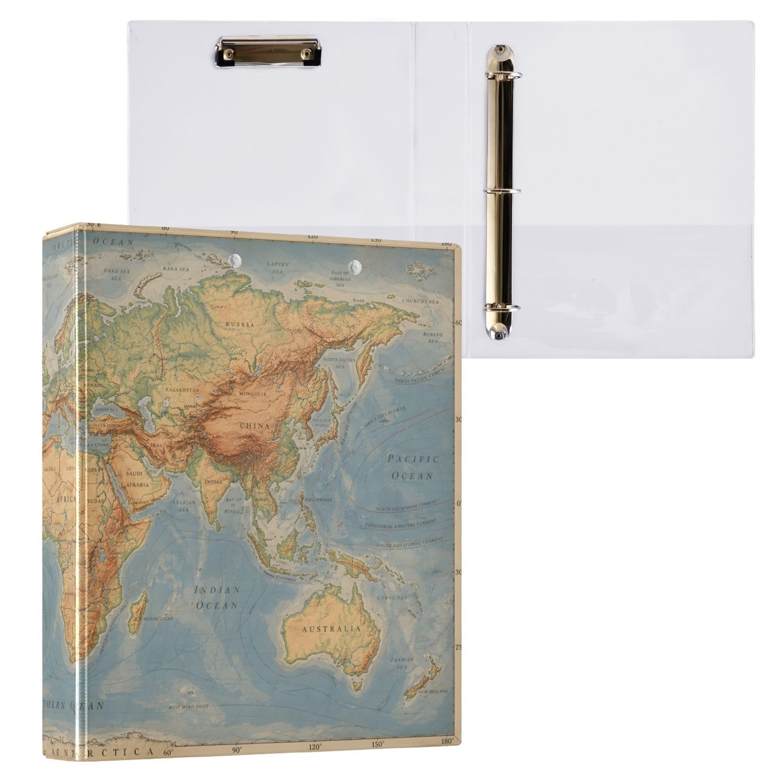 3 Ring Binder Retro World Map Continents 1.5 inch Binders with Clipboard