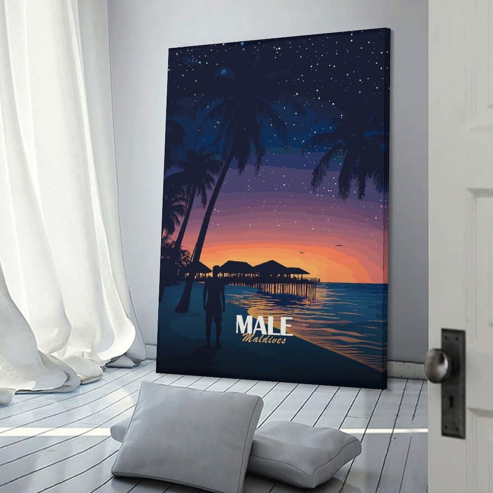 Junmoney Men's Frame-Style-3 Maldives At Night Canvas Wall Art, 20X30inch(50X75cm), For Living Room, Bedroom Or Home Office, A Wall Art Gift For Fresh Interiors