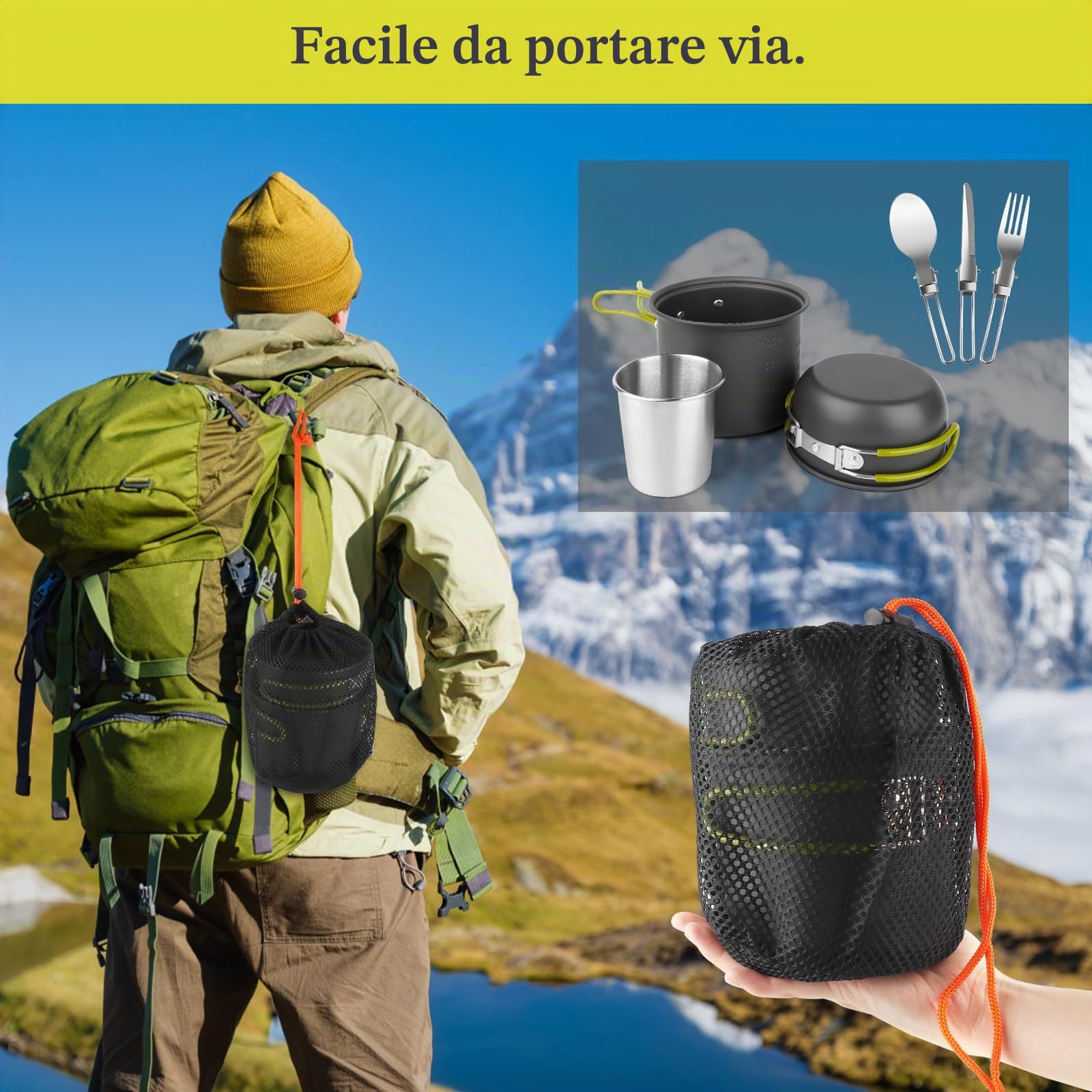 Set di Gavetta Scout, Pentole Campeggio In Alluminio, Stoviglie da Campeggio Pieghevole, Kit Campeggio con Posate E Pentola, Kit Pentole Cucina per Picnic, Escursioni, Campeggio