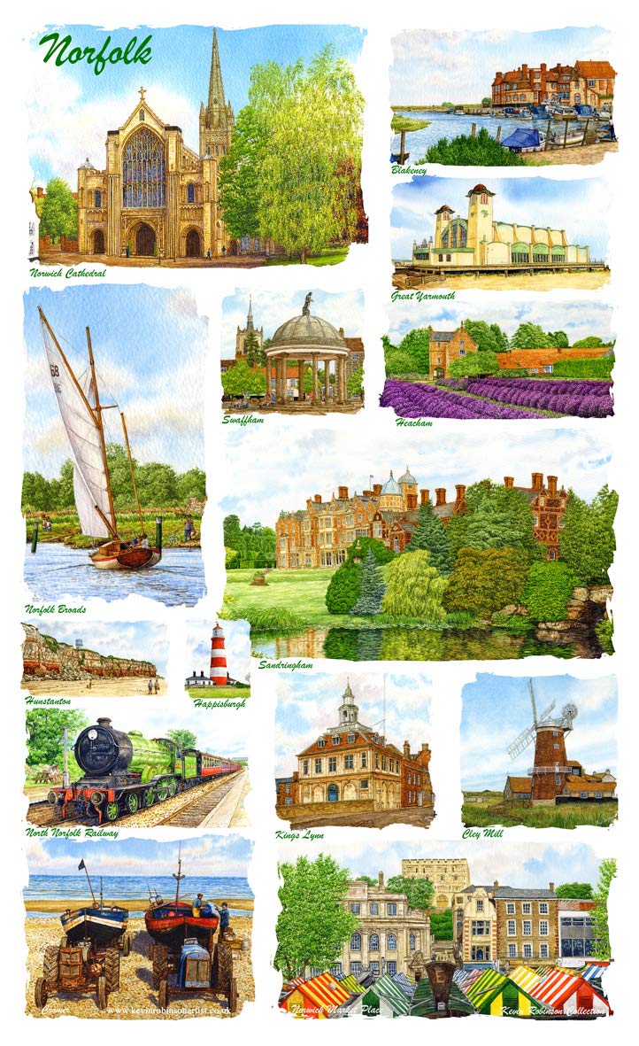 Kevin Robinson Collection Norfolk multi image cotton Tea Towel