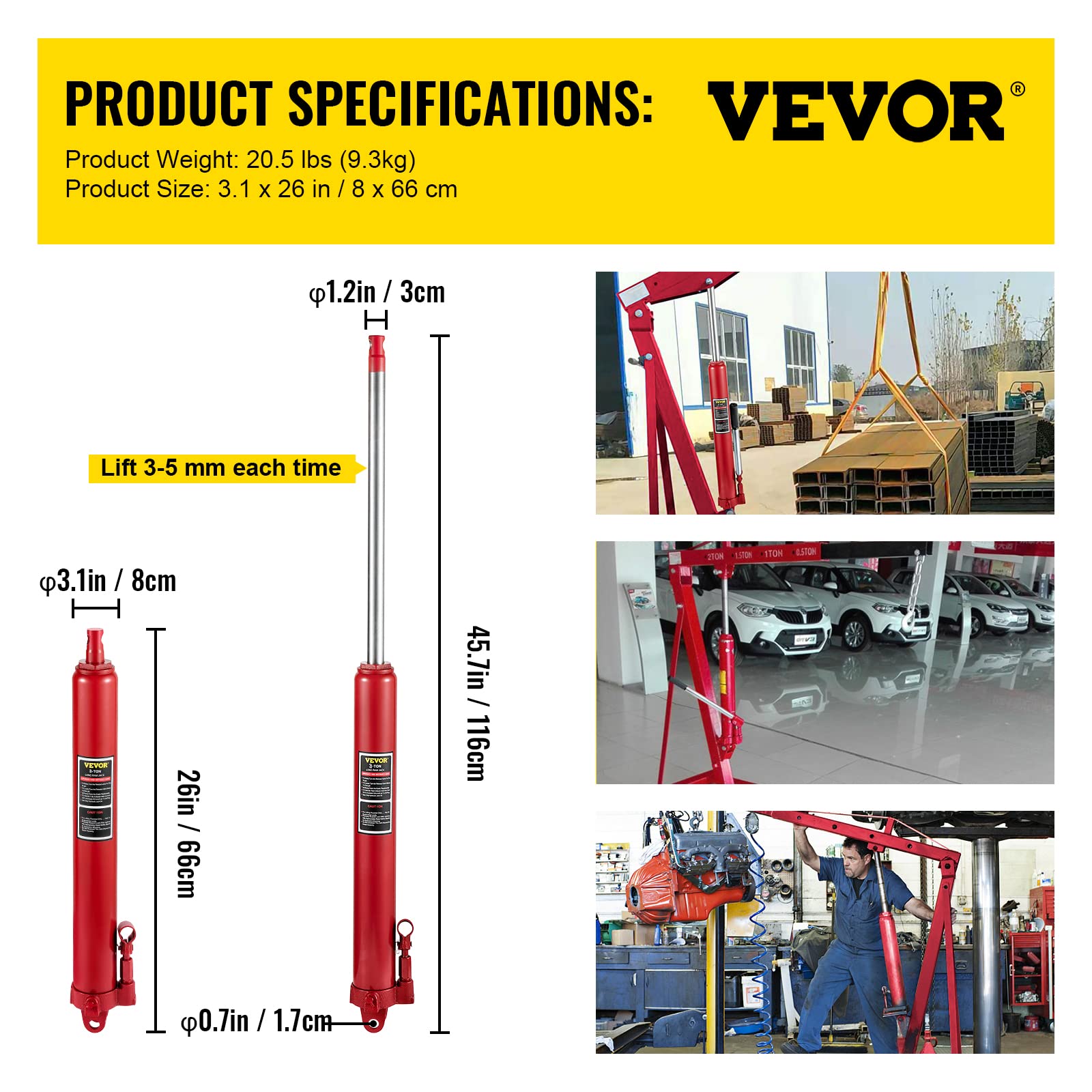 VEVOR Hydrauliczny długi podnośnik do ram, pojemność 3 t, z pojedynczą pompą tłokową i podstawą głowicy widłowej, ręczny podnośnik z uchwytem, do dźwigów garażowych/sklepowych, pomostów silnikowych,
