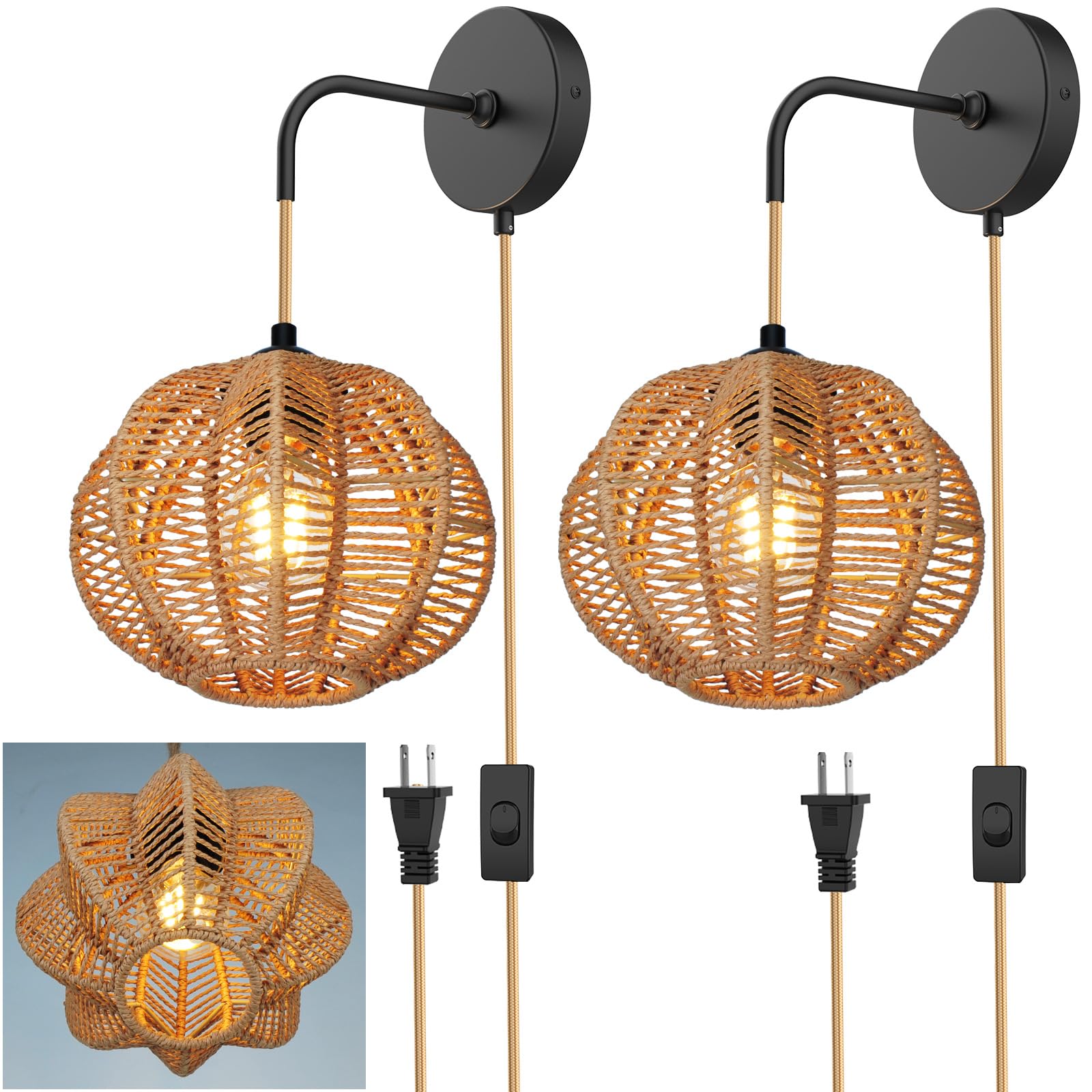 Plug in Wall Sconces,Handwoven Boho Wall Decor, Plug in Wall Light with Switch for Farmhouse,Indoor, Living Room, Bedroom (Bulb Not Included) 8 X 8 Inch