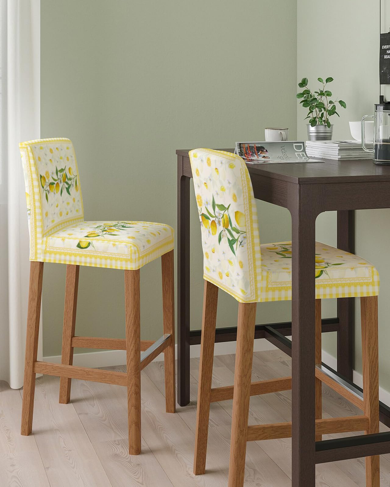 Summer Lemon Bar Stool Covers - Stretch Dining Chair Covers Set of 2, Spring Floral Tropical Green Leaves Yellow Plaid Bar Chair Covers Counter Stool Pub Chair Slipcovers Protectors for Kitchen/Cafe