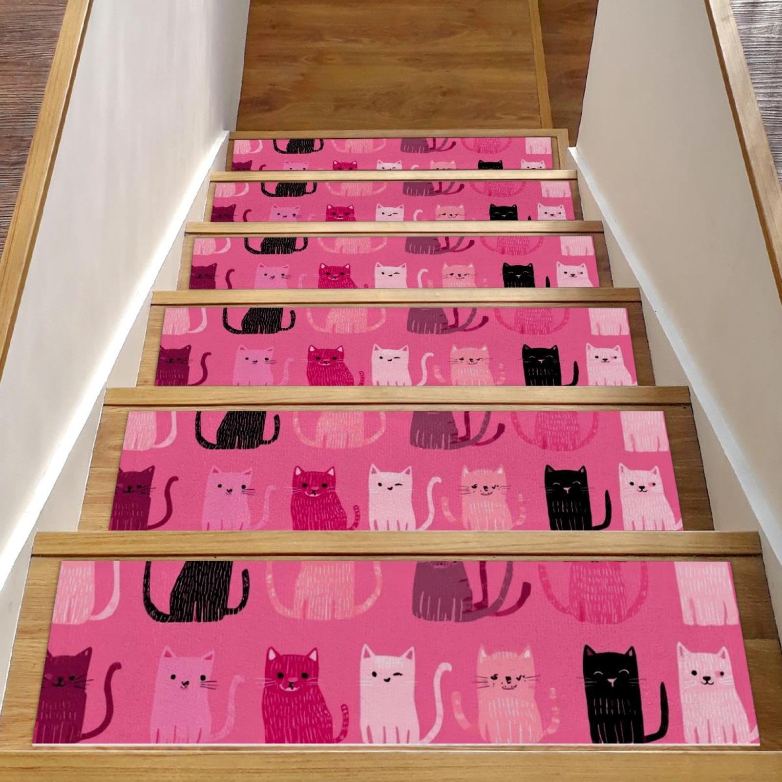 Tapis de marche escalier antidérapant lavable motif chat rose lot 15