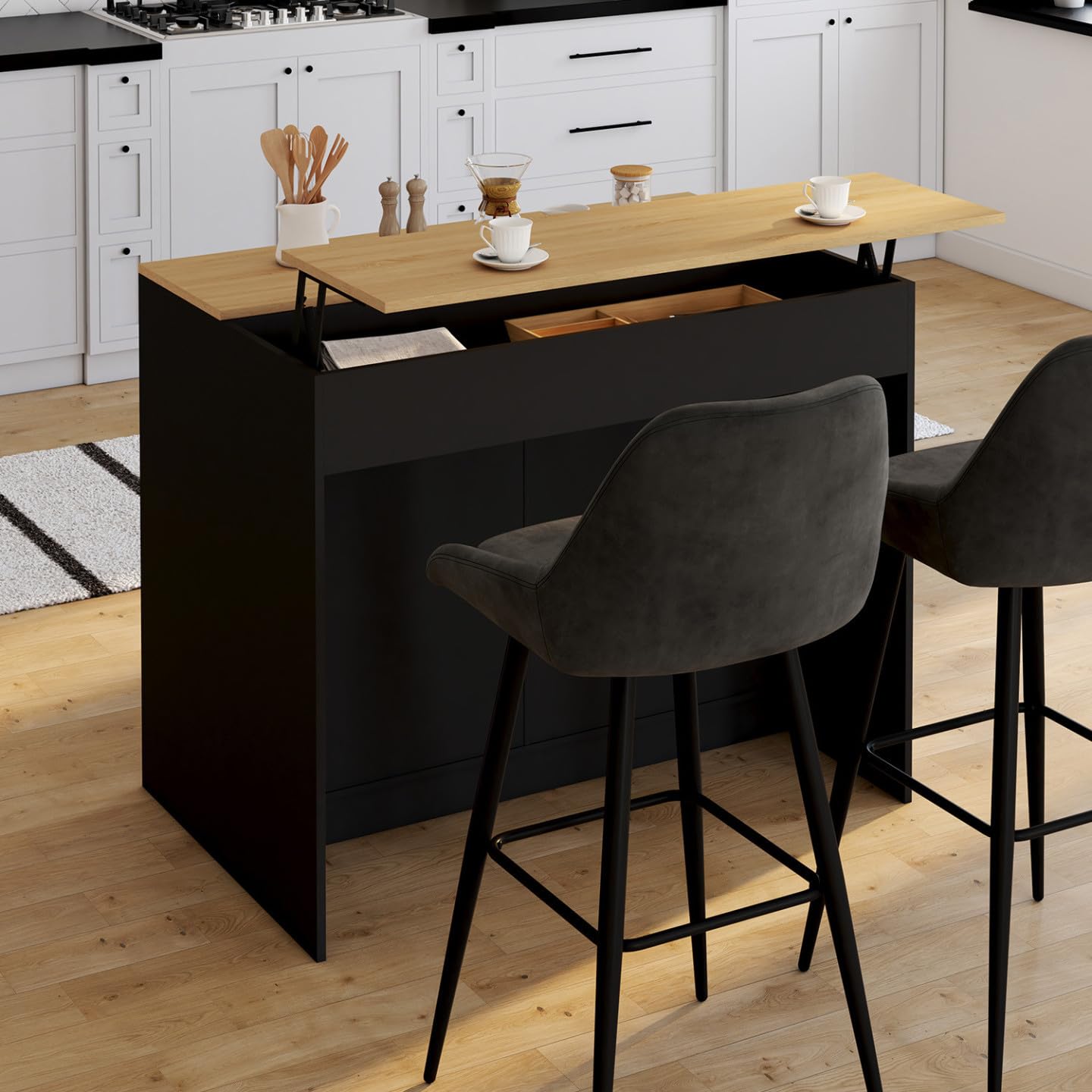 IDMarket - Ilot Central Cesar 110 cm avec Tablette relevable rectangulaire Bois Noir et façon hêtre