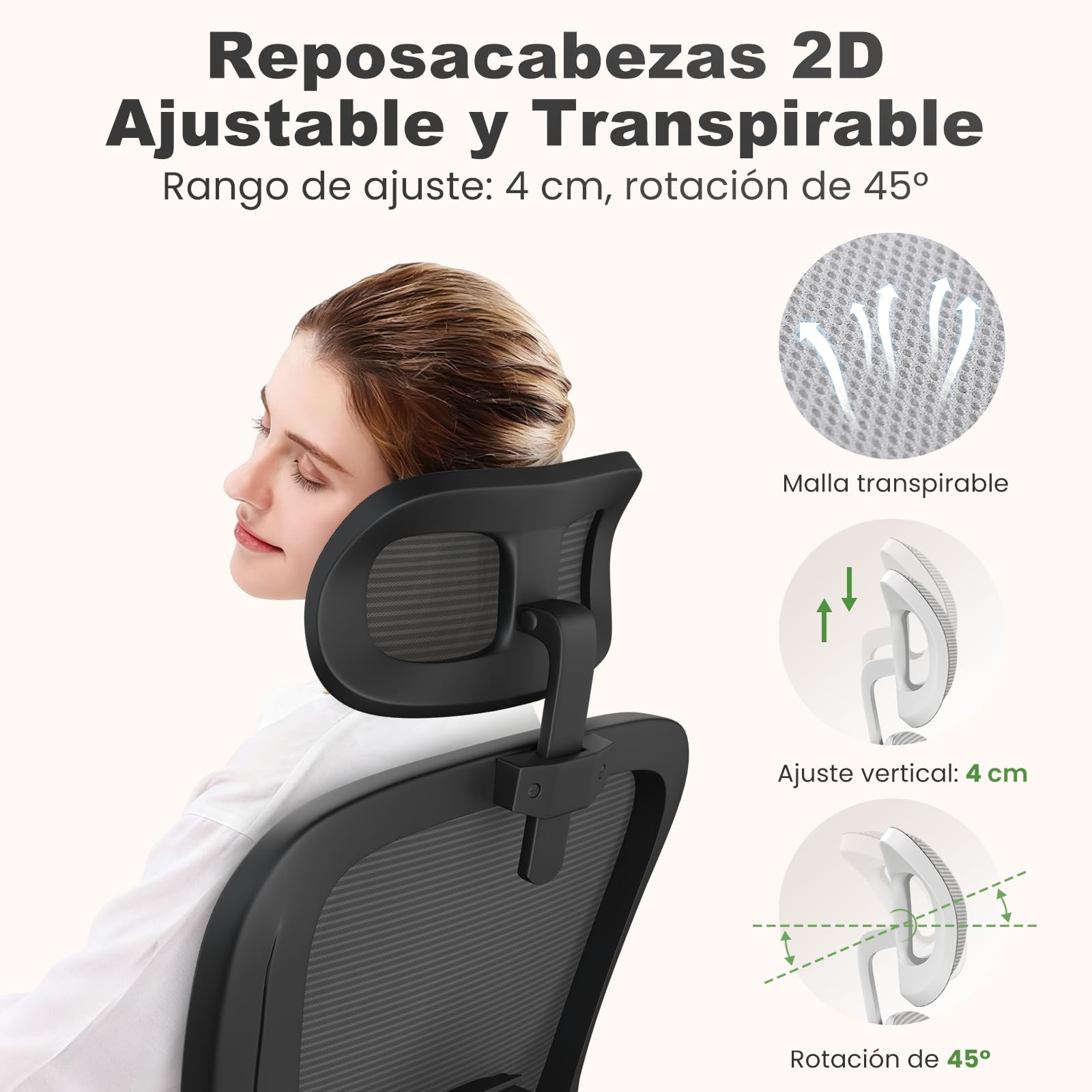 rattantree Silla Escritorio Ergonómica con Ajustable Respaldo| Negro| | Silla de Oficina con Respaldo Malla Transpirable | Altura Regulable | Reposacabezas| Adecuado Oficina y Hogar| 110kg