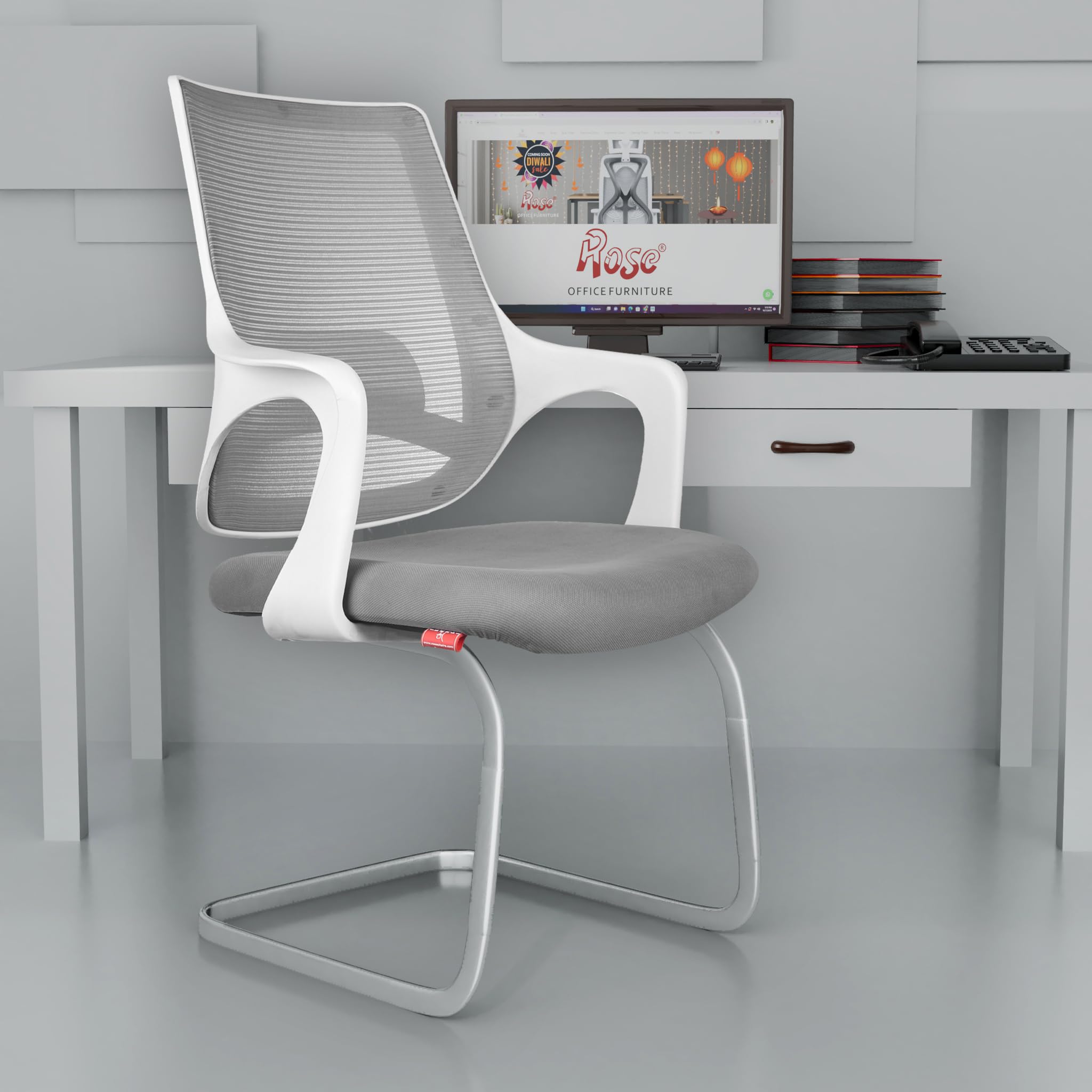ROSE® Mono | 3 Years Brand Warranty | Visitor Chair, Fixed, Reception, Conference, Meeting, Waiting, Guest Seating, Office Lobby, Non-Revolving, Steel Frame (White & Grey)