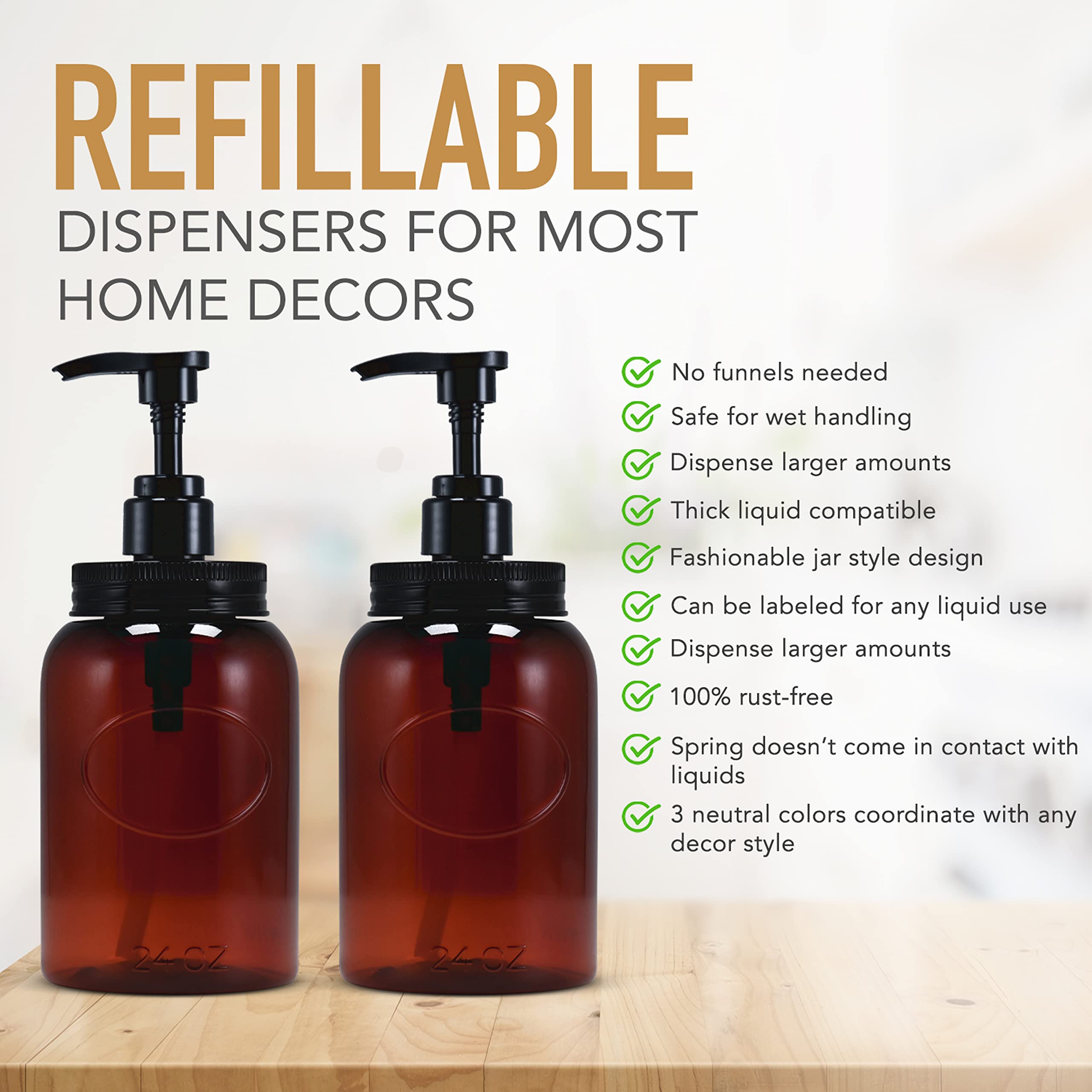Lot de 4 flacons distributeurs à pompe rechargeables en plastique à large goulot de 710 ml pour shampooing, après-shampooing, lavage, savon, lotion, savon à vaisselle, désinfectant,