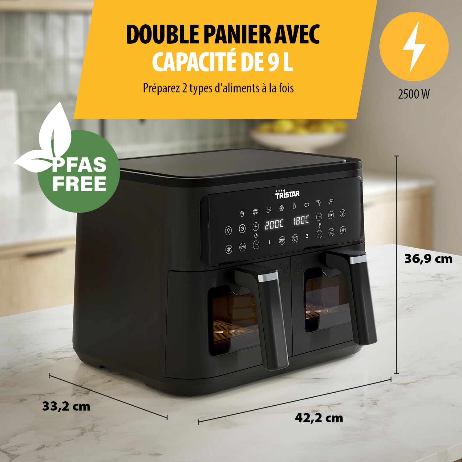 Tristar Friteuse à Air Double Panier, 9 L, 10 Programmes, Écran Tactile, Fenêtres de Cuisson, Sans PFAS, Cuisson Saine Sans Huile, 2500 W, FR-9429, Noir