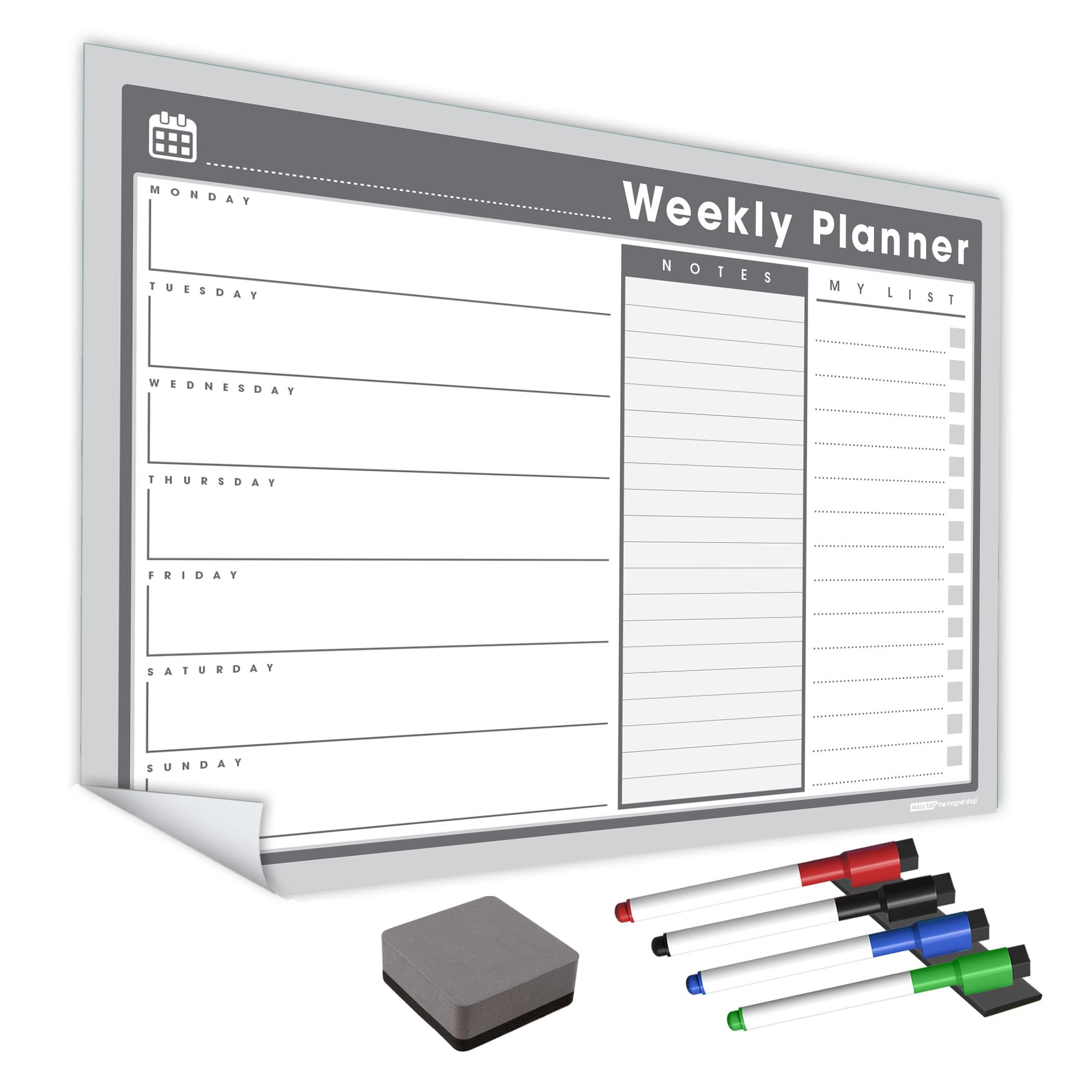WallTAC A3 Weekly Planner Whiteboard Sticker for Wall | Made in The UK | Easy-to-Remove Dry Wipe Calendar with Reusable Adhesive | Family Meal Planner or to Do List for Home and Office