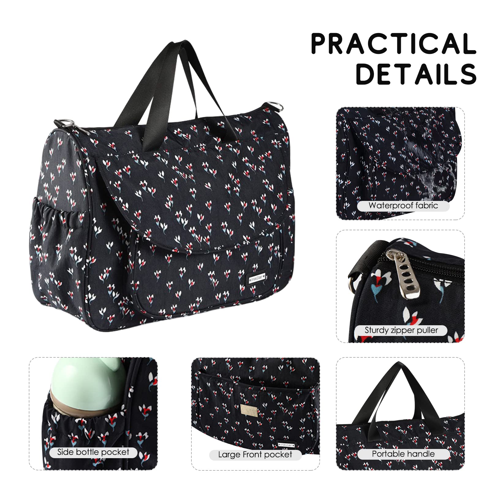 SONARIN Multifunktionale Baby Wickeltasche,Wasserdicht Reise Wickeltasche Umhängetasche Tragetasche Henkeltaschen Babytasche mit Wickelunterlage & Flaschentasche & Kinderwagen Haken(Schwarz)